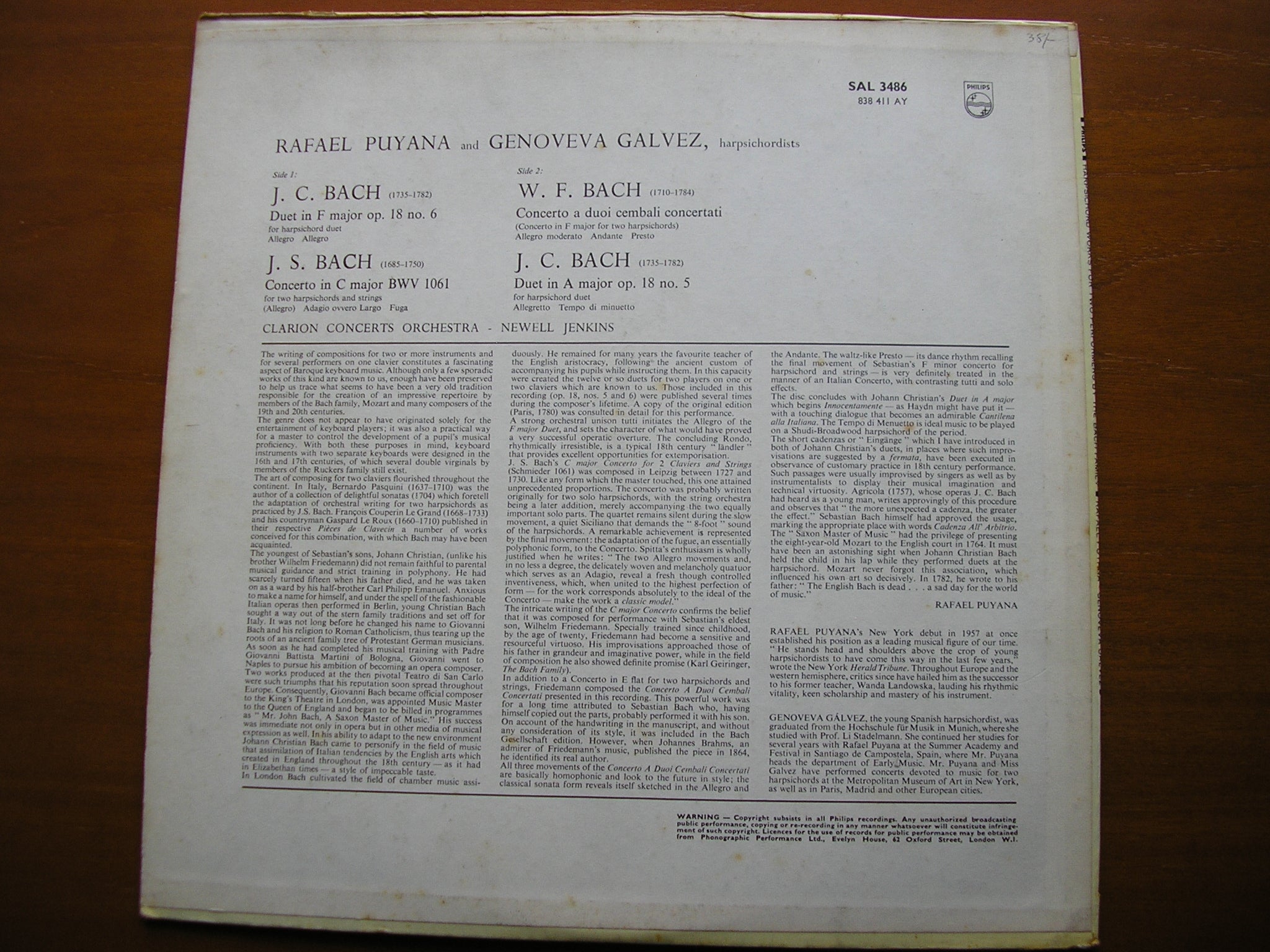 BACH JS / JC / WF: HARPSICHORD CONCERTOS & DUETS   PUYANA / GALVEZ / CLARION CONCERTS ORCHESTRA / JENKINS    SAL 3486