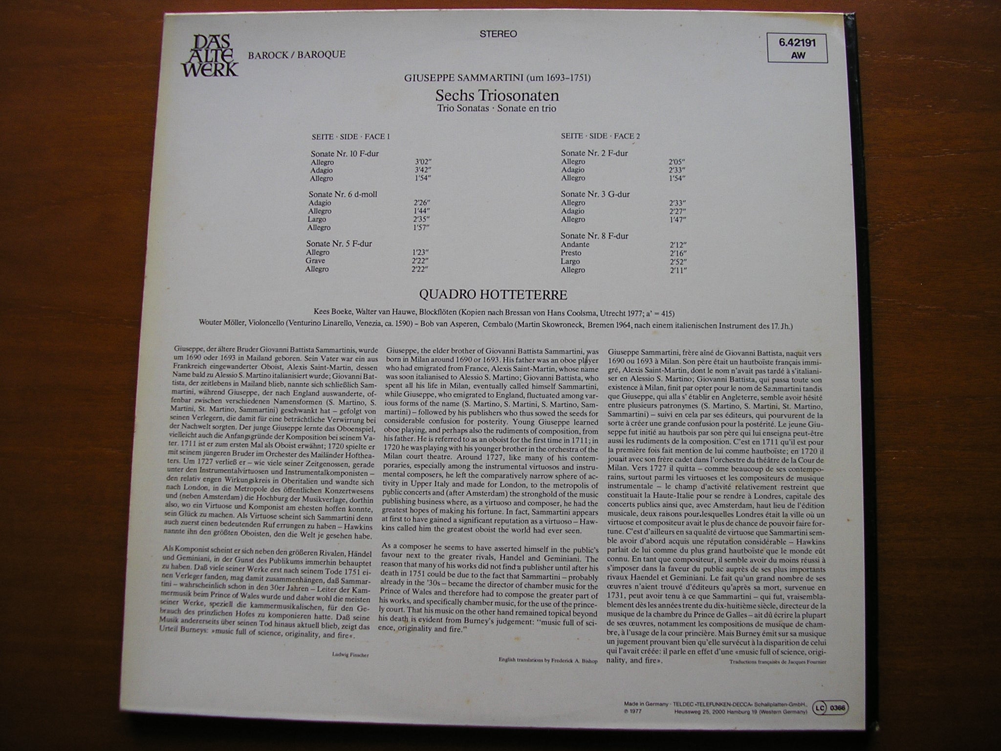 SAMMARTINI: SIX TRIO SONATAS       QUADRO HOTTETERRE    6.42191