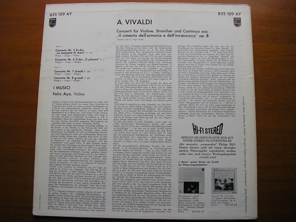 VIVALDI: FOUR CONCERTOS Op. 8 'The Contest Between Harmony & Invention'       AYO / I MUSICI         835 109 AY