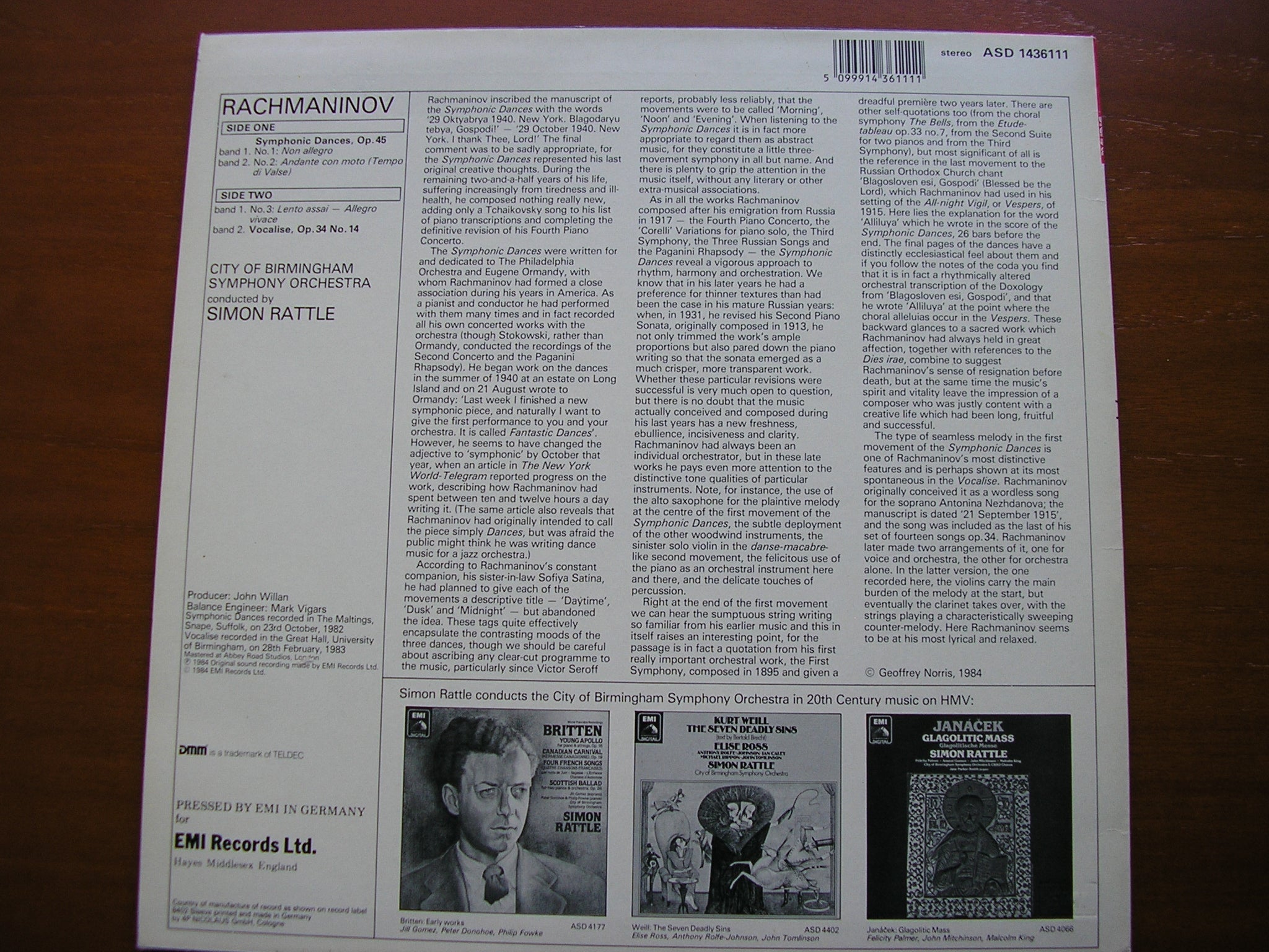 RACHMANINOV: VOCALISE / SYMPHONIC DANCES    RATTLE / CITY OF BIRMINGHAM SYMPHONY   ASD 1436111