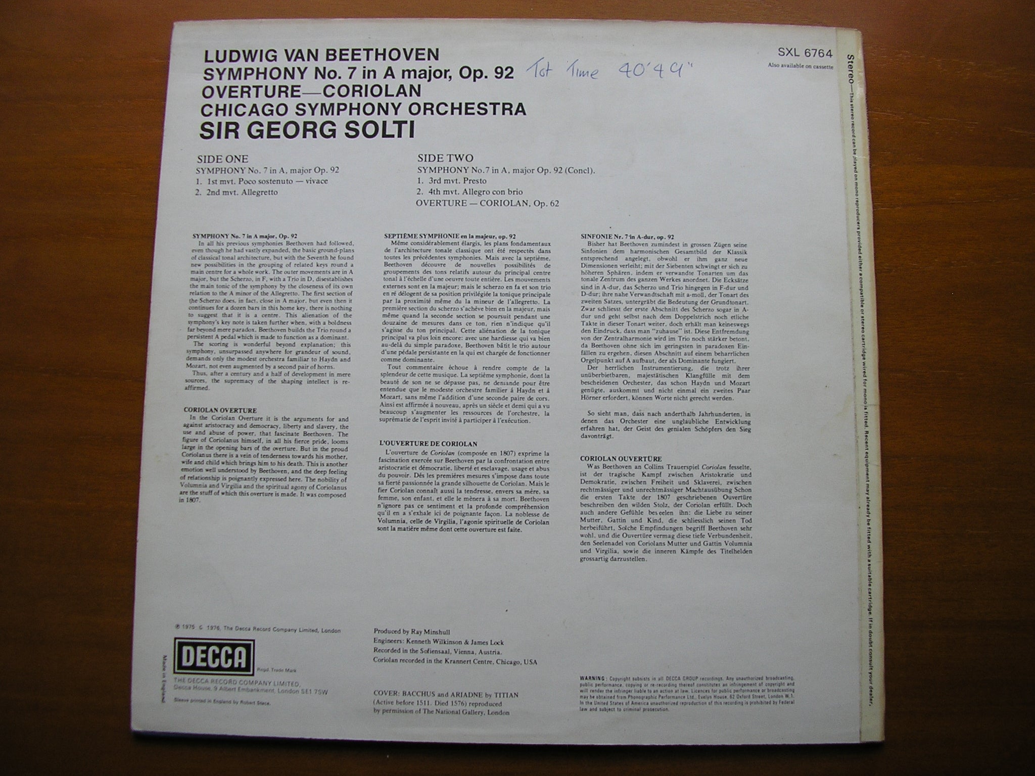 SXL 6764 SXL 6764 BEETHOVEN: SYMPHONY No. 7 / OVERTURE 'Coriolan' SOLTI / CHICAGO SYMPHONY