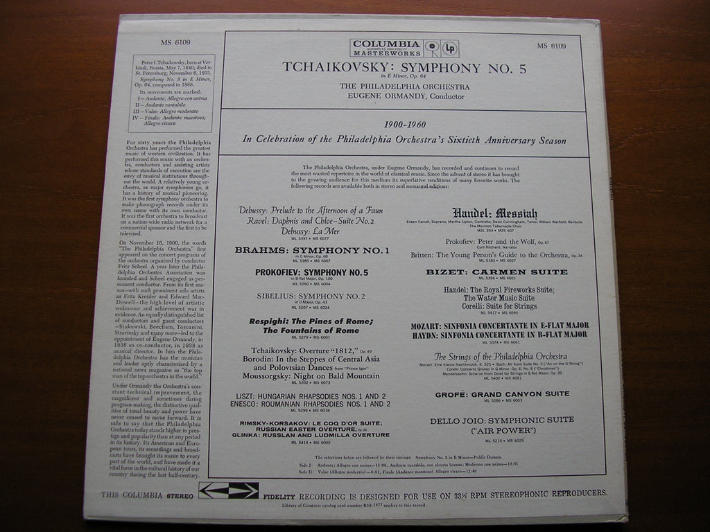 TCHAIKOVSKY: SYMPHONY No. 5    ORMANDY / PHILADELPHIA ORCHESTRA   MS 6109
