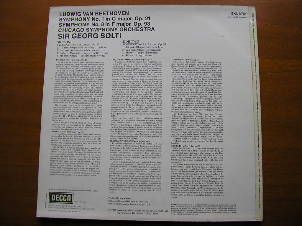 SXL 6760 BEETHOVEN: SYMPHONIES Nos. 1 & 8 SOLTI / CHICAGO SYMPHONY