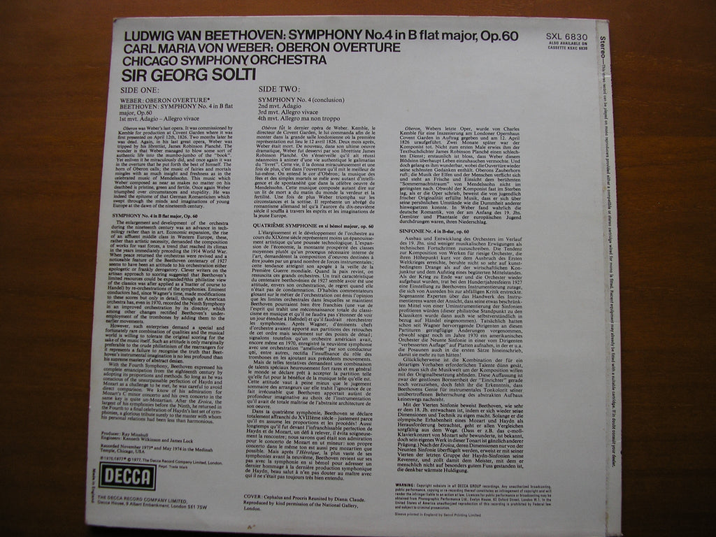 SXL 6830 BEETHOVEN: SYMPHONY No. 4 / WEBER: OVERTURE 'Oberon' SOLTI / CHICAGO SYMPHONY
