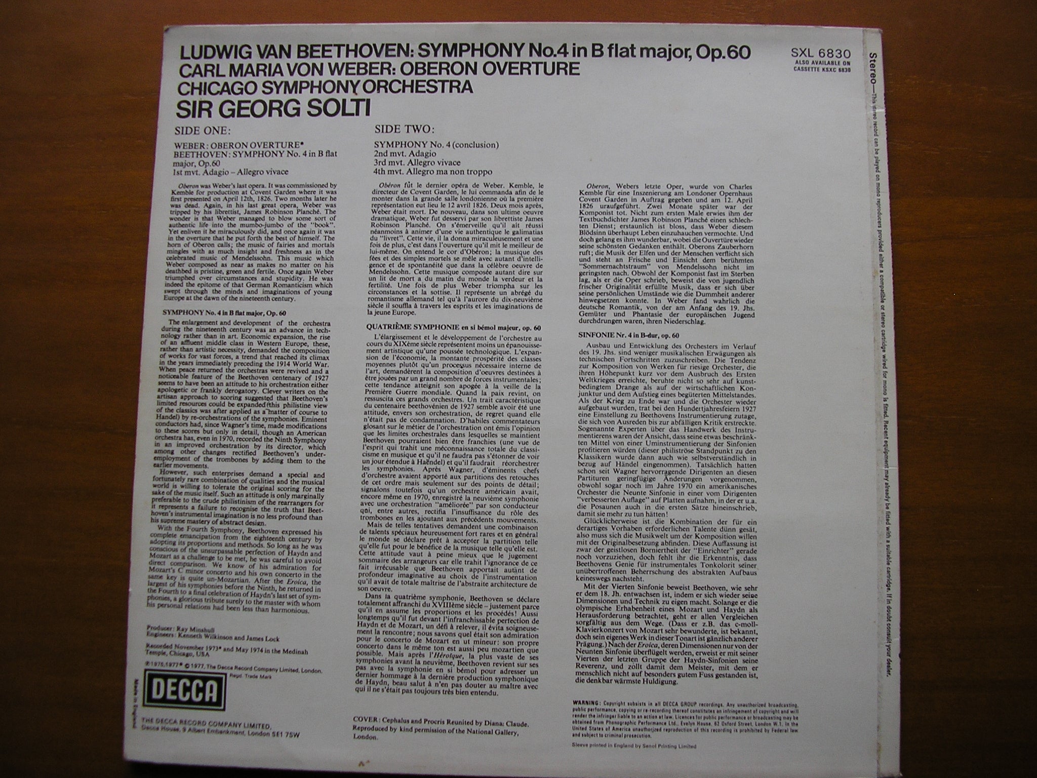 SXL 6830 BEETHOVEN: SYMPHONY No. 4 / WEBER: OVERTURE 'Oberon' SOLTI / CHICAGO SYMPHONY