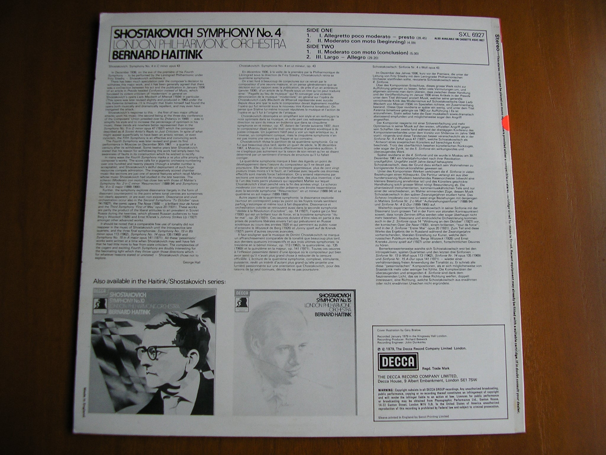 SXL 6927 SHOSTAKOVICH: SYMPHONY No. 4 HAITINK / LONDON PHILHARMONIC test pressing