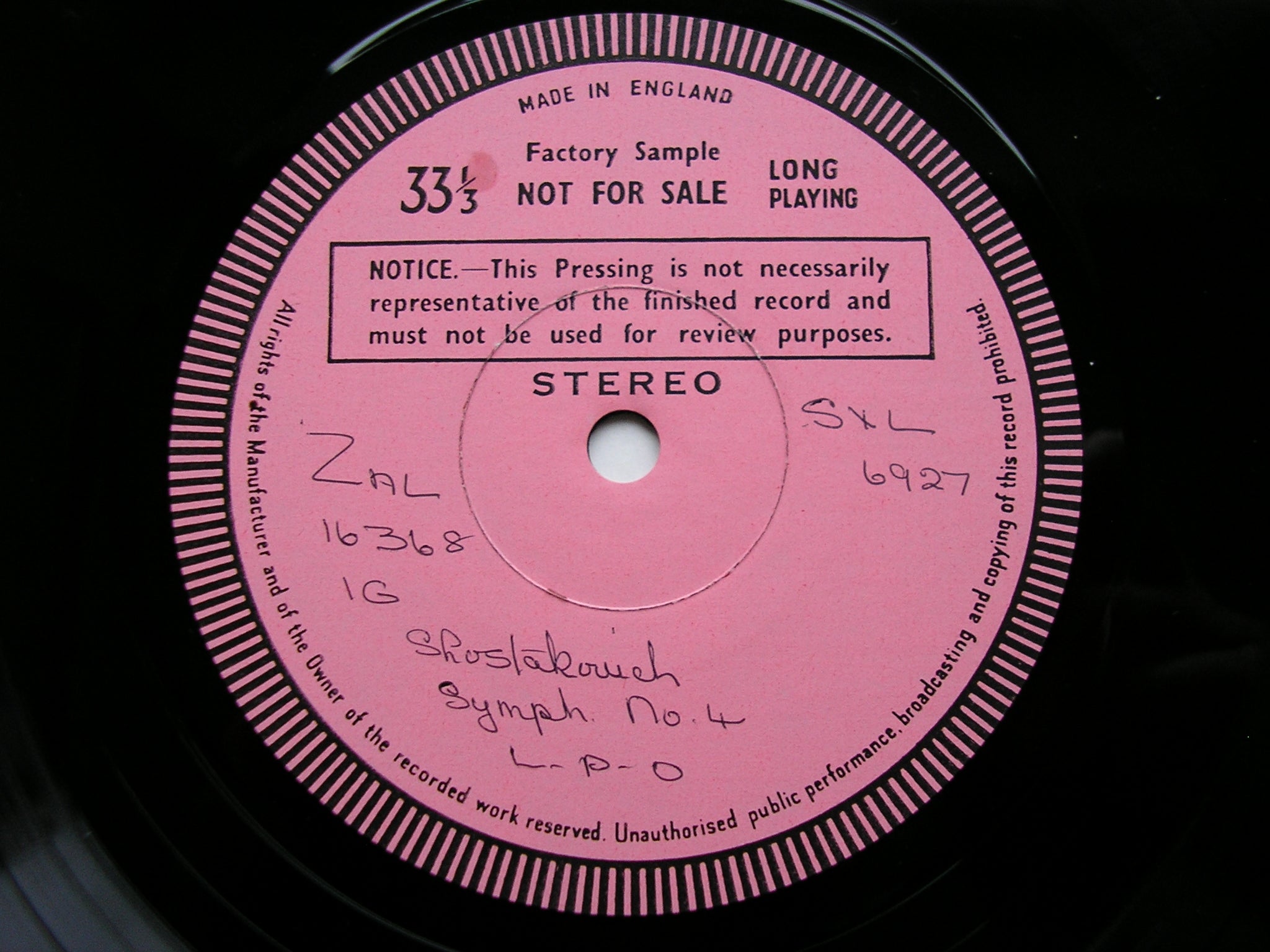 SXL 6927 SHOSTAKOVICH: SYMPHONY No. 4 HAITINK / LONDON PHILHARMONIC test pressing