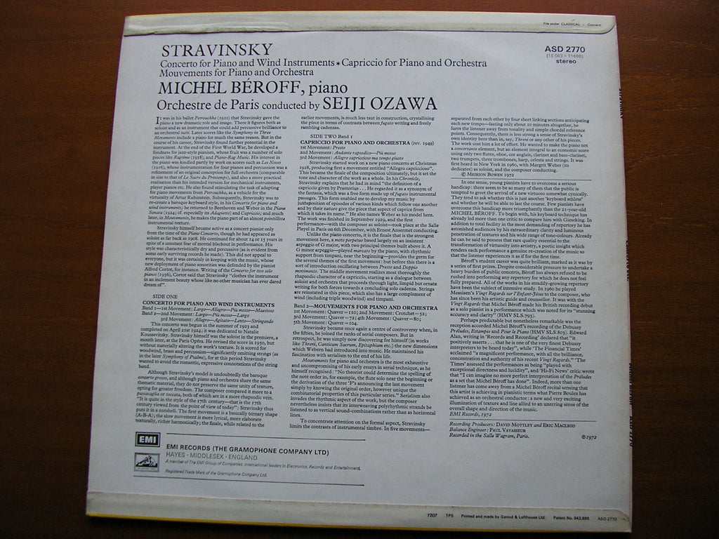 STRAVINSKY: PIANO CONCERTO / CAPRICCIO / MOUVEMENTS   BEROFF / ORCHESTRA de PARIS / OZAWA     ASD 2770