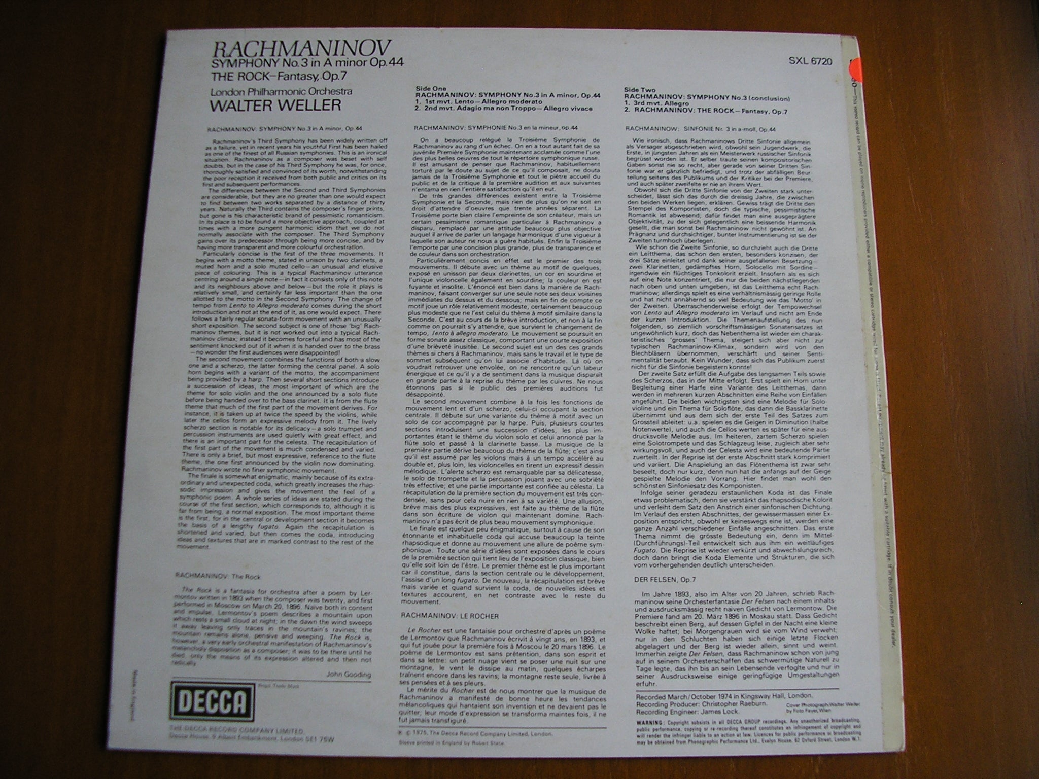 SXL 6720 RACHMANINOV: SYMPHONY No. 3 / THE ROCK WELLER /LONDON PHILHARMONIC test pressing