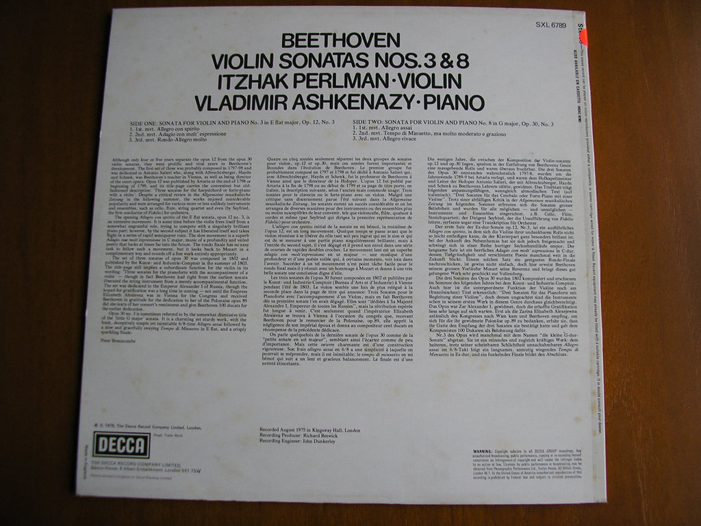 SXL 6789 BEETHOVEN: VIOLIN SONATAS Op. 12 No. 3 & Op. 30 No. 3 PERLMAN / ASHKENAZY test pressing