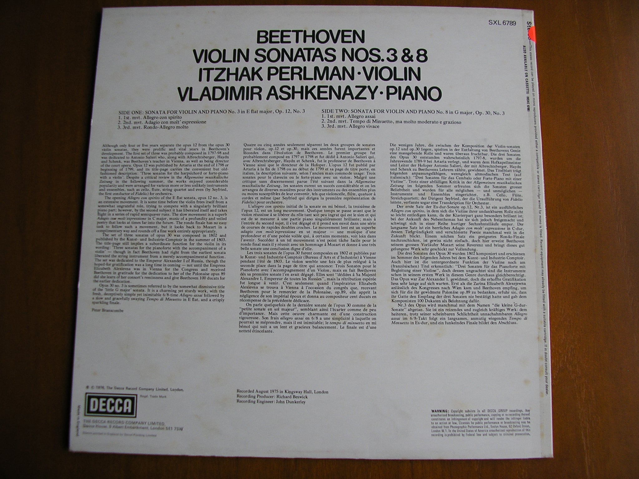 SXL 6789 BEETHOVEN: VIOLIN SONATAS Op. 12 No. 3 & Op. 30 No. 3 PERLMAN / ASHKENAZY test pressing