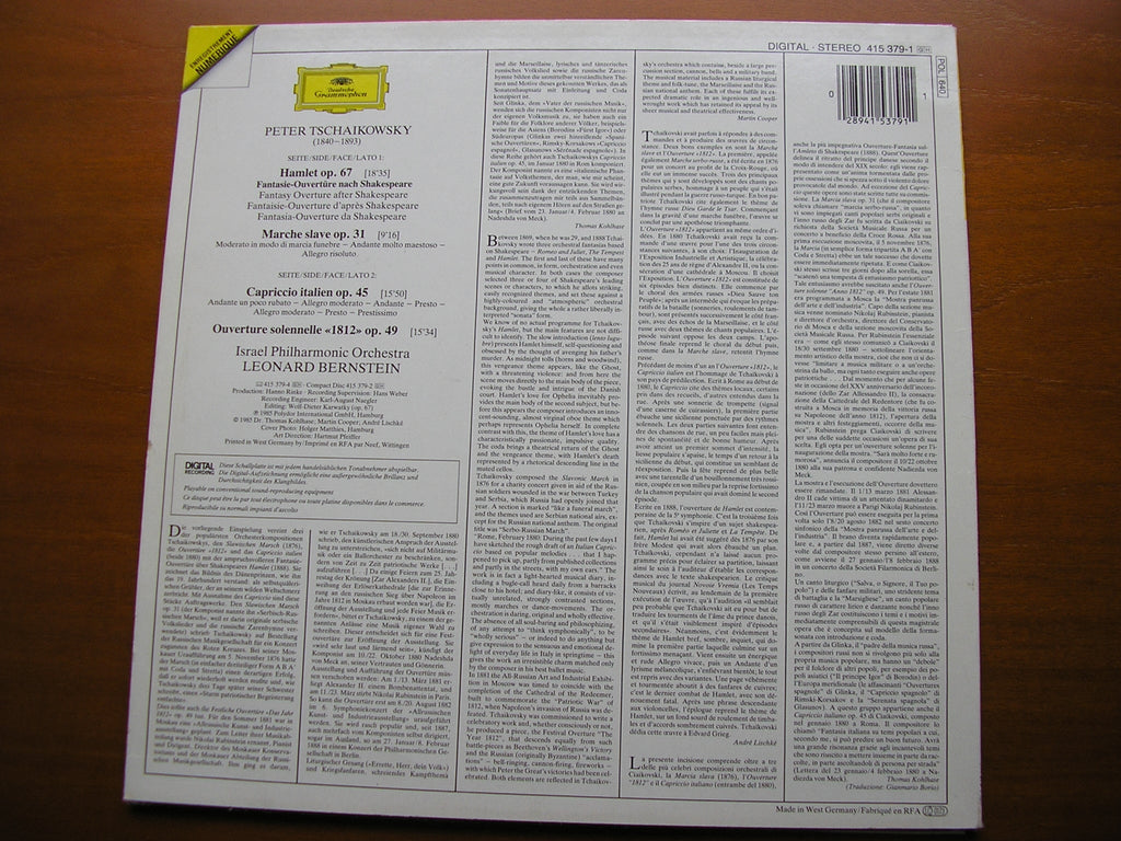 TCHAIKOVSKY: 1812 / HAMLET / CAPRICCIO / MARCHE SLAVE     BERNSTEIN / ISRAEL PHILHARMONIC    415 379
