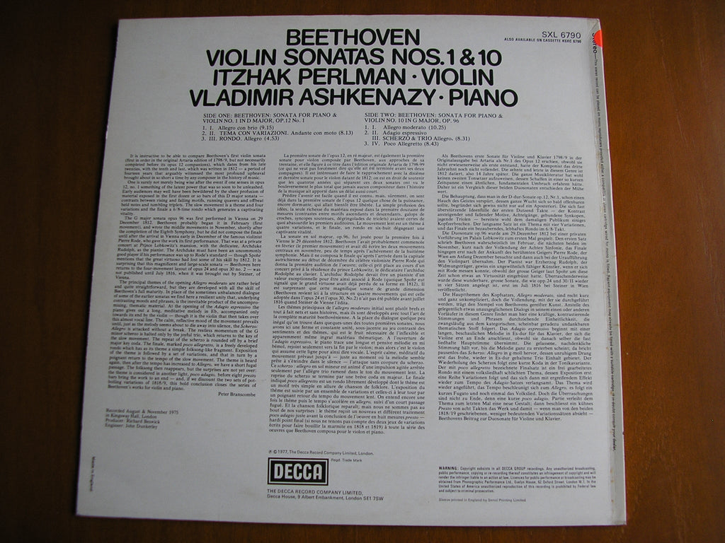 SXL 6790 BEETHOVEN: VIOLIN SONATAS Op. 12 No. 1 & Op. 96 PERLMAN / ASHKENAZY test pressing