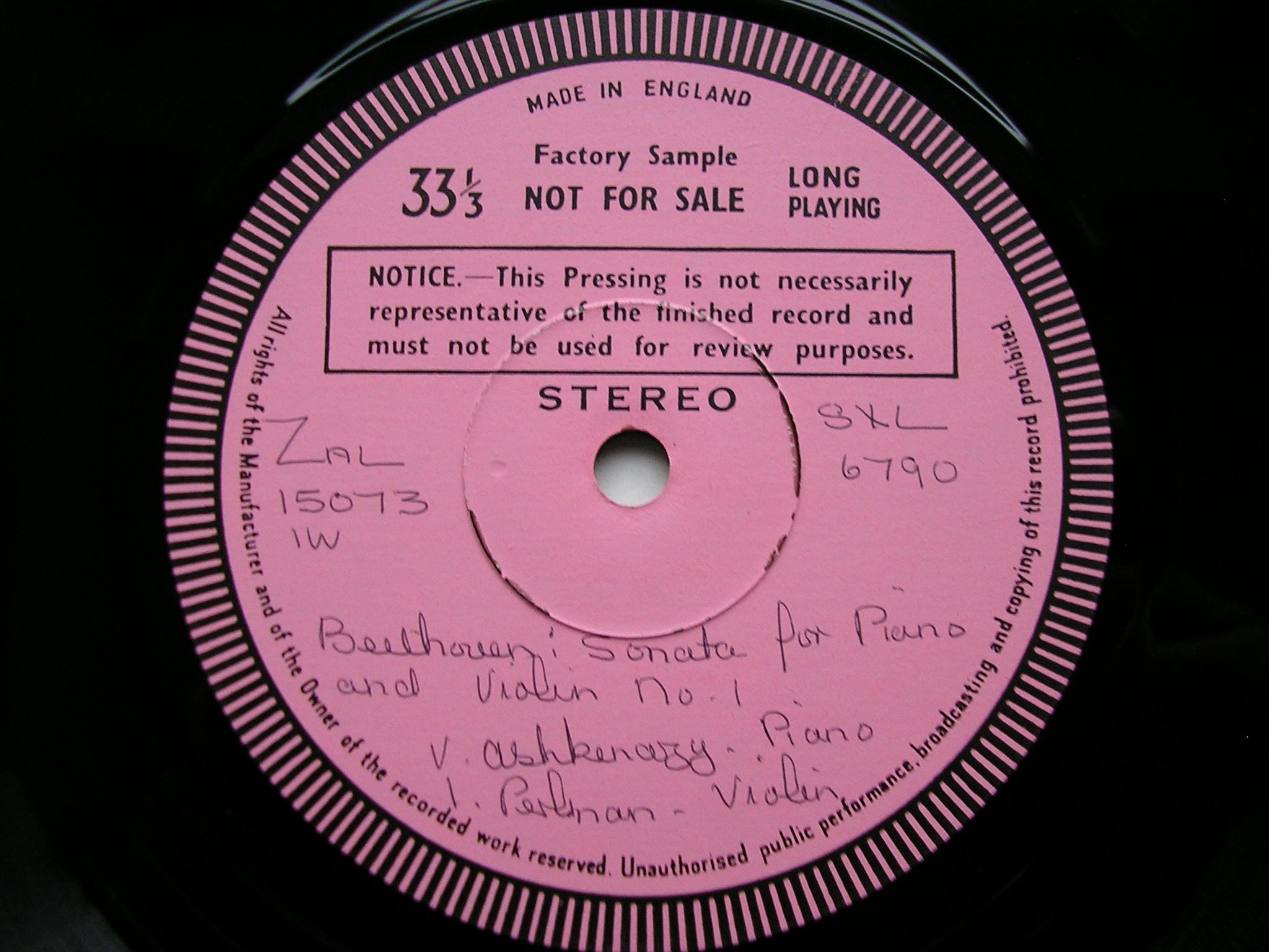 SXL 6790 BEETHOVEN: VIOLIN SONATAS Op. 12 No. 1 & Op. 96 PERLMAN / ASHKENAZY test pressing