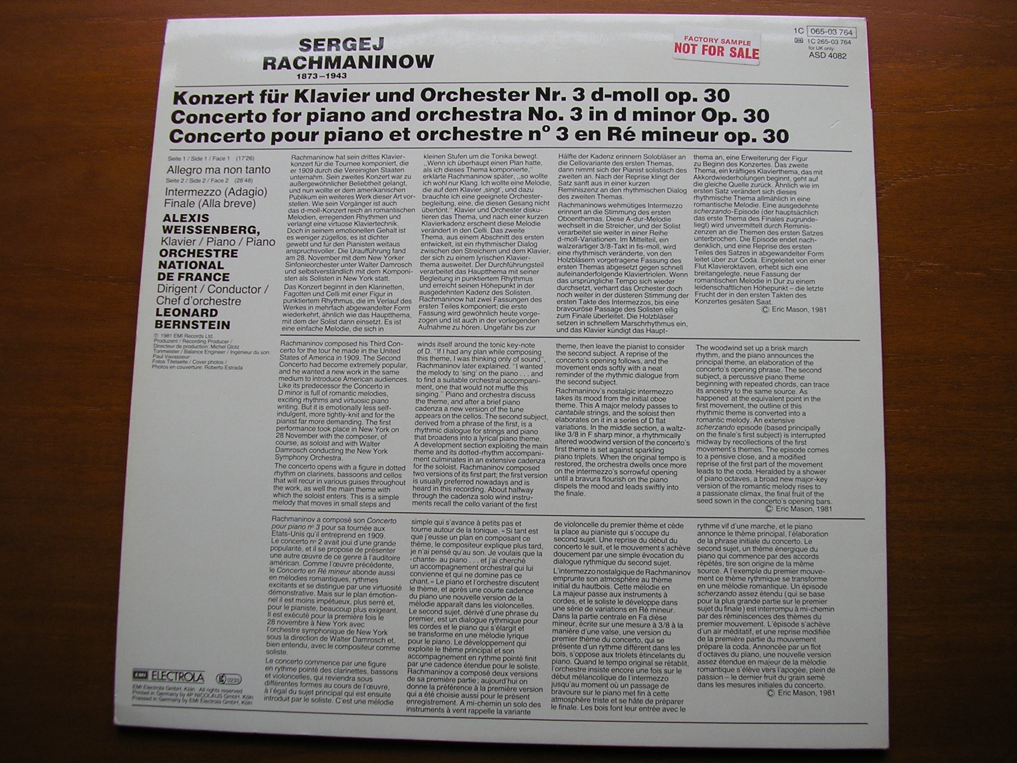 RACHMANINOV: PIANO CONCERTO No. 3    WEISSENBERG / FRENCH NATIONAL ORCHESTRA / BERNSTEIN    ASD 4082