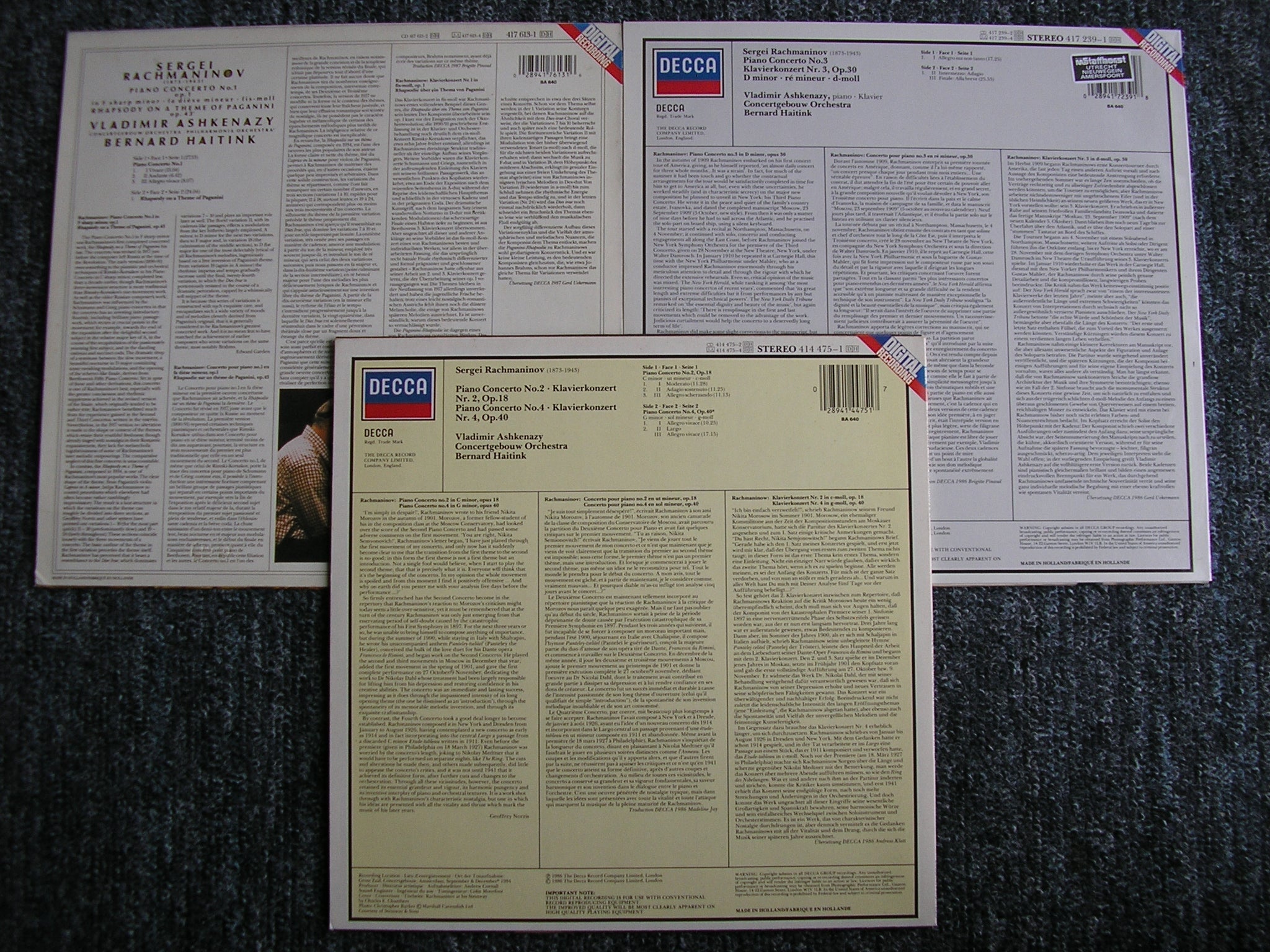 RACHMANINOV: THE PIANO CONCERTOS / RHAPSODY    ASHKENAZY / CONCERTGEBOUW ORCHESTRA / HAITINK   3 LP
