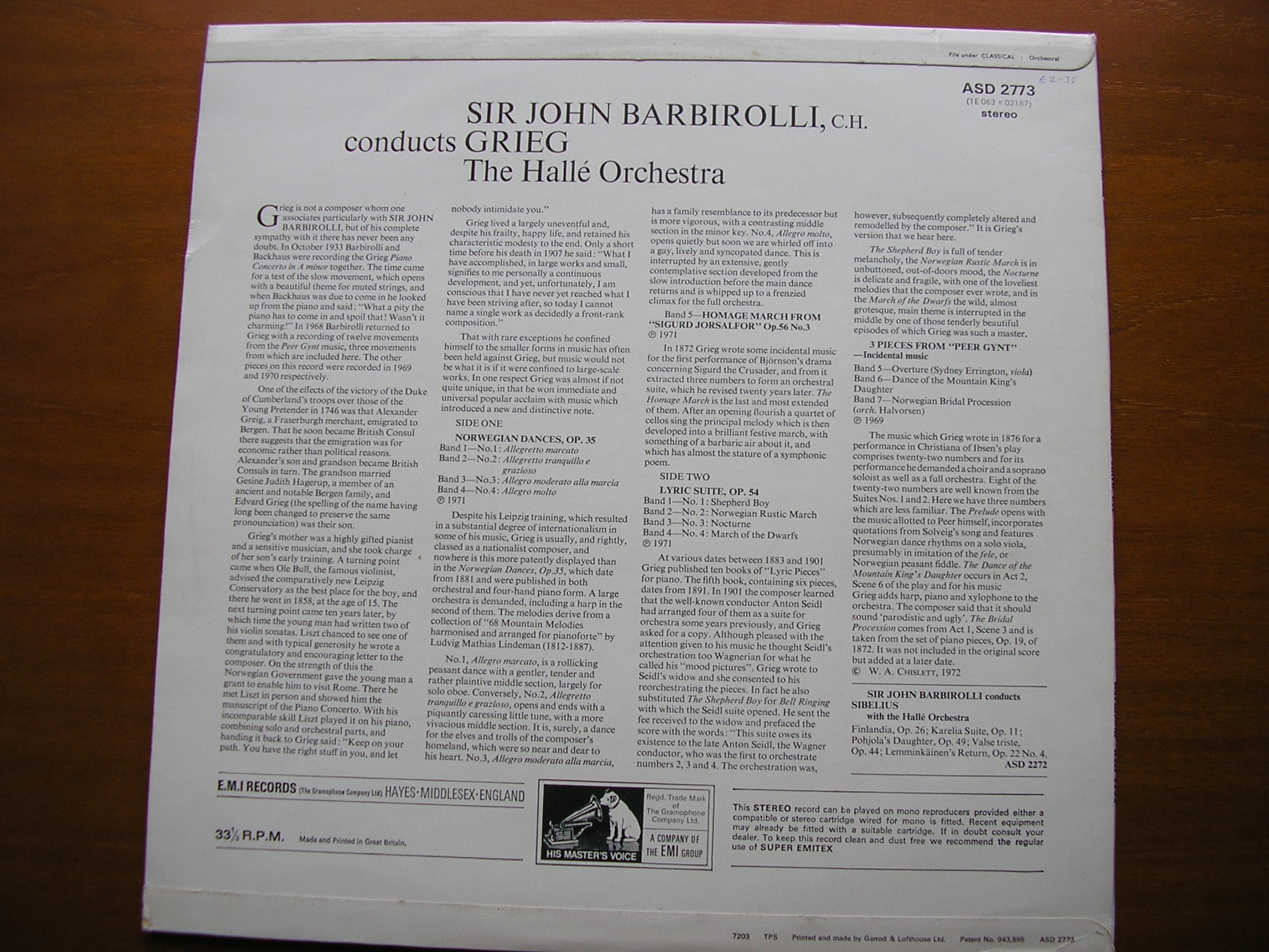 GRIEG: NORWEGIAN DANCES / LYRIC SUITE / HOMAGE MARCH      BARBIROLLI / HALLE ORCHESTRA    ASD 2773
