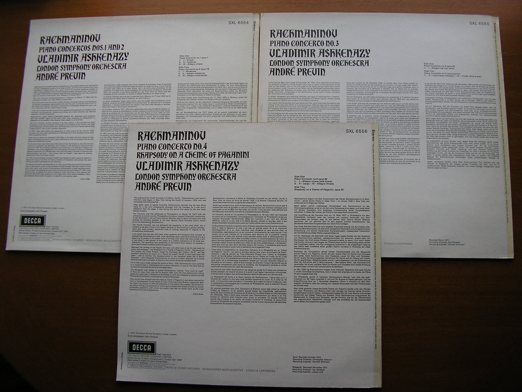 SXL 6554/56 RACHMANINOV: THE FOUR PIANO CONCERTOS / RHAPSODY  ASHKENAZY / LONDON SYMPHONY / PREVIN  3 LP