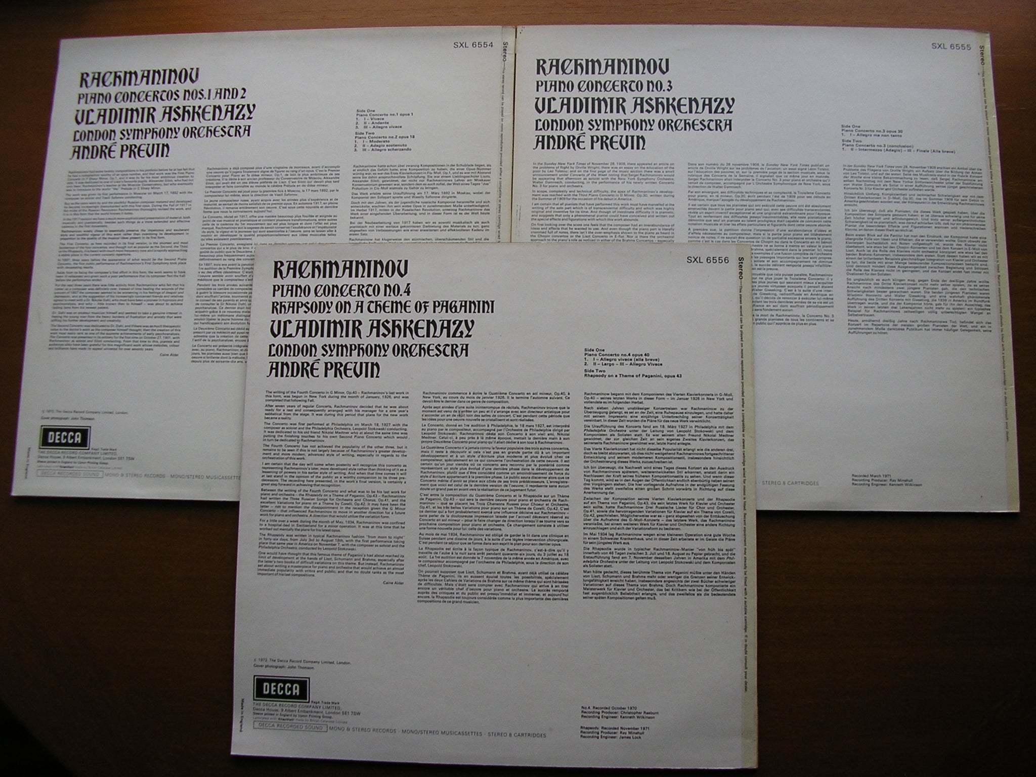 SXL 6554/56 RACHMANINOV: THE FOUR PIANO CONCERTOS / RHAPSODY  ASHKENAZY / LONDON SYMPHONY / PREVIN  3 LP