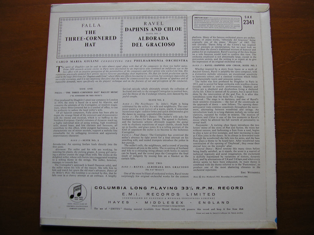 RAVEL: DAPHNIS & CHLOE Suite No. 2 / ALBORADA / FALLA: THREE CORNERED HAT    GIULINI / PHILHARMONIA    SAX 2341