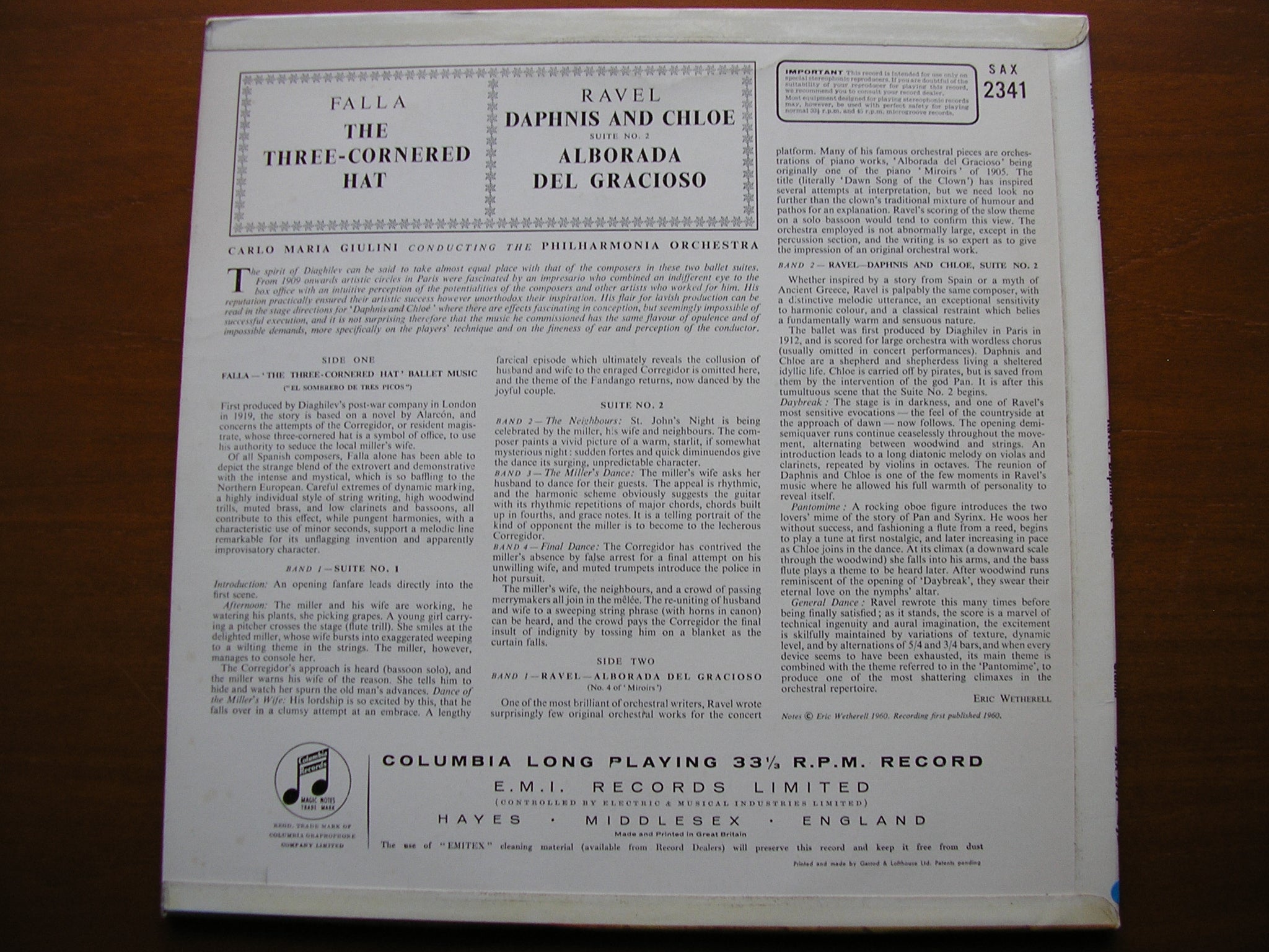 RAVEL: DAPHNIS & CHLOE Suite No. 2 / ALBORADA / FALLA: THREE CORNERED HAT    GIULINI / PHILHARMONIA    SAX 2341
