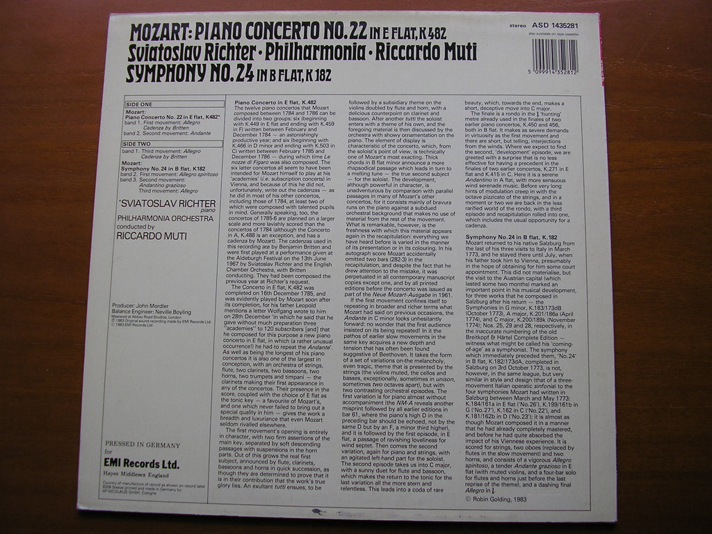 MOZART: PIANO CONCERTO No. 22 / SYMPHONY No. 24      RICHTER / PHILHARMONIA / MUTI        ASD 1435281