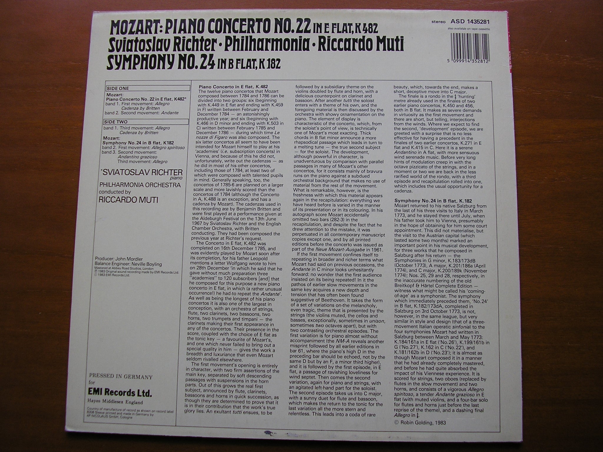 MOZART: PIANO CONCERTO No. 22 / SYMPHONY No. 24      RICHTER / PHILHARMONIA / MUTI        ASD 1435281