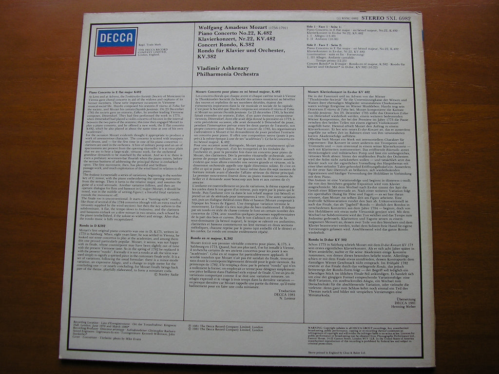 SXL 6982 MOZART: PIANO CONCERTO No. 22 / RONDO in D ASHKENAZY / PHILHARMONIA