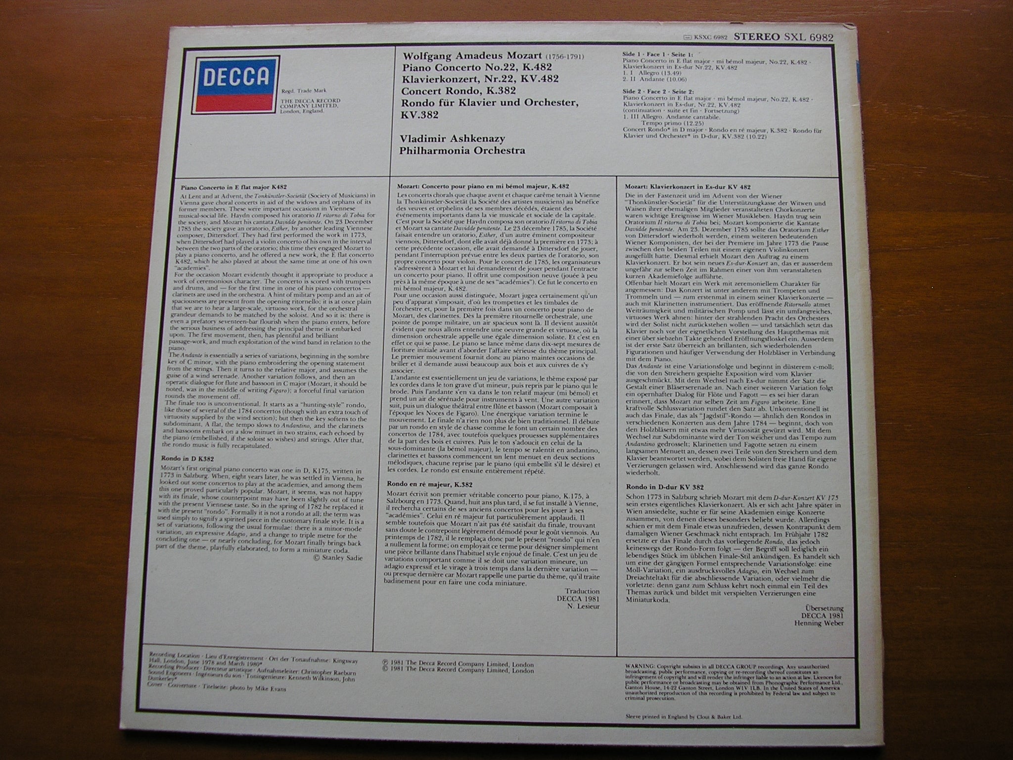 SXL 6982 MOZART: PIANO CONCERTO No. 22 / RONDO in D ASHKENAZY / PHILHARMONIA