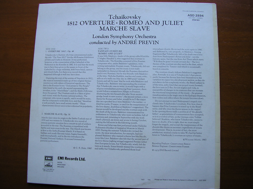 TCHAIKOVSKY: 1812 / ROMEO & JULIET / MARCHE SLAVE     PREVIN / LONDON SYMPHONY    ASD 2894