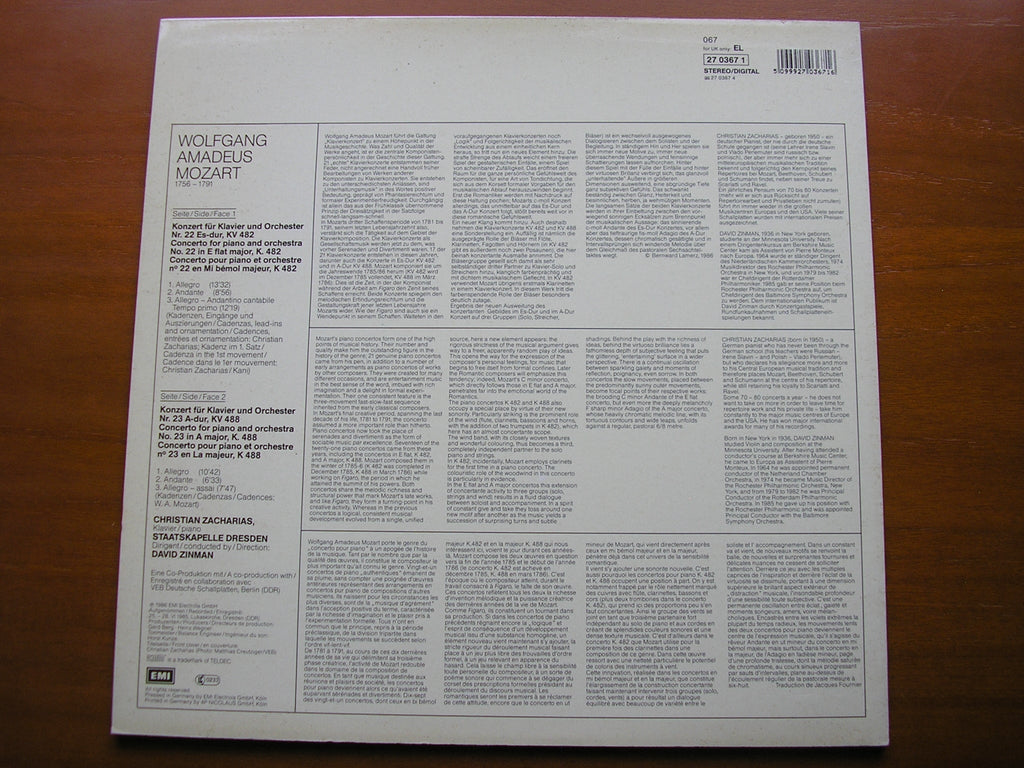 MOZART: PIANO CONCERTOS Nos. 22 & 23      ZACHARIAS / DRESDEN STATE ORCHESTRA / ZINMAN      27 0367