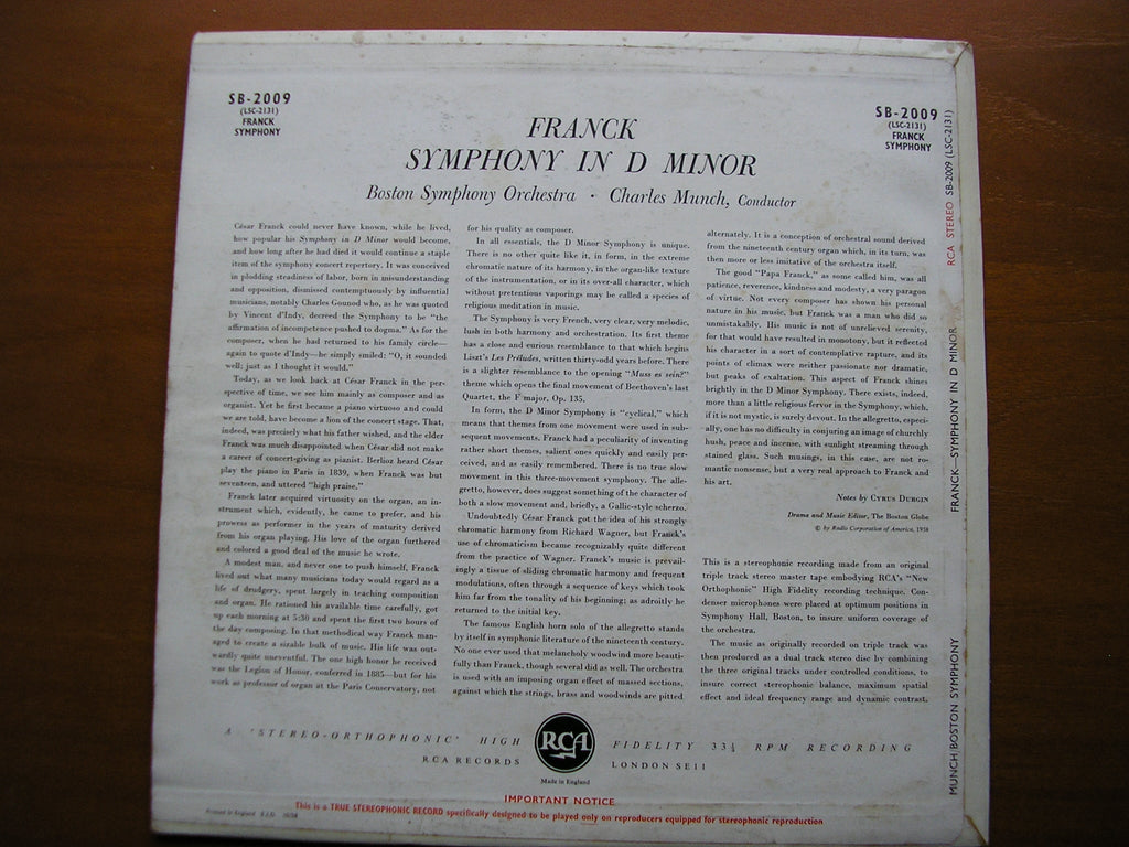 FRANCK: SYMPHONY in D       MUNCH / BOSTON SYMPHONY    SB 2009