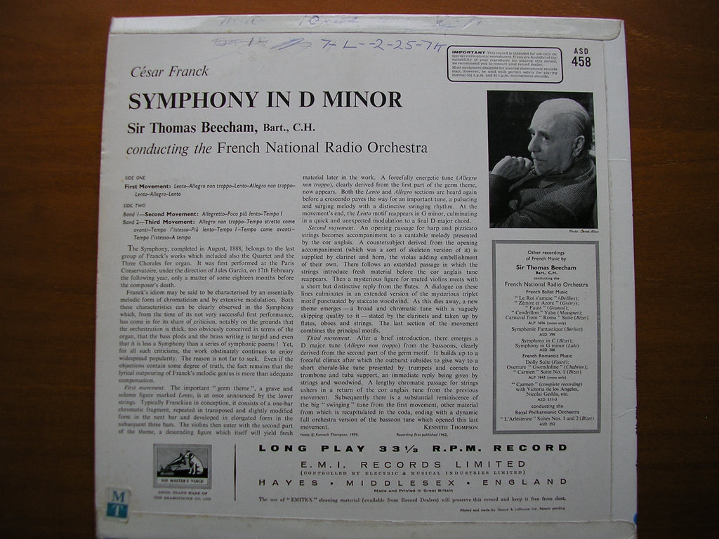 FRANCK: SYMPHONY in D      BEECHAM / FRENCH NATIONAL RADIO ORCHESTRA      ASD 458