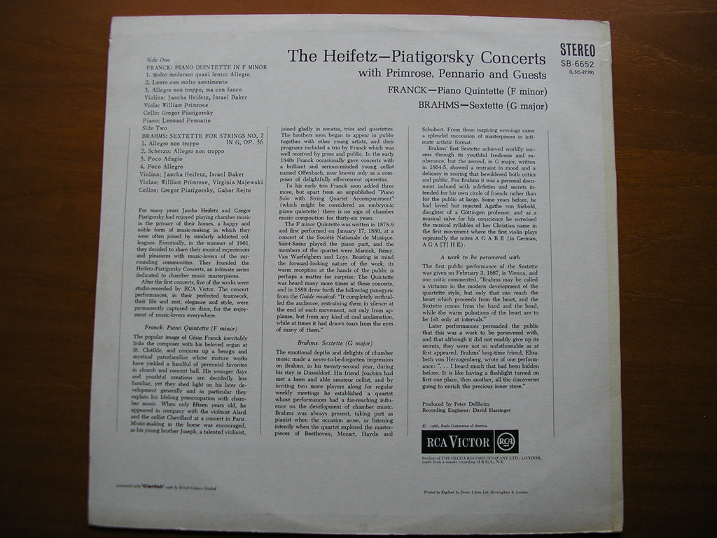 FRANCK: PIANO QUINTET / BRAHMS: SEXTETTE    HEIFETZ / PIATIGORSKY / PRIMROSE     SB 6652