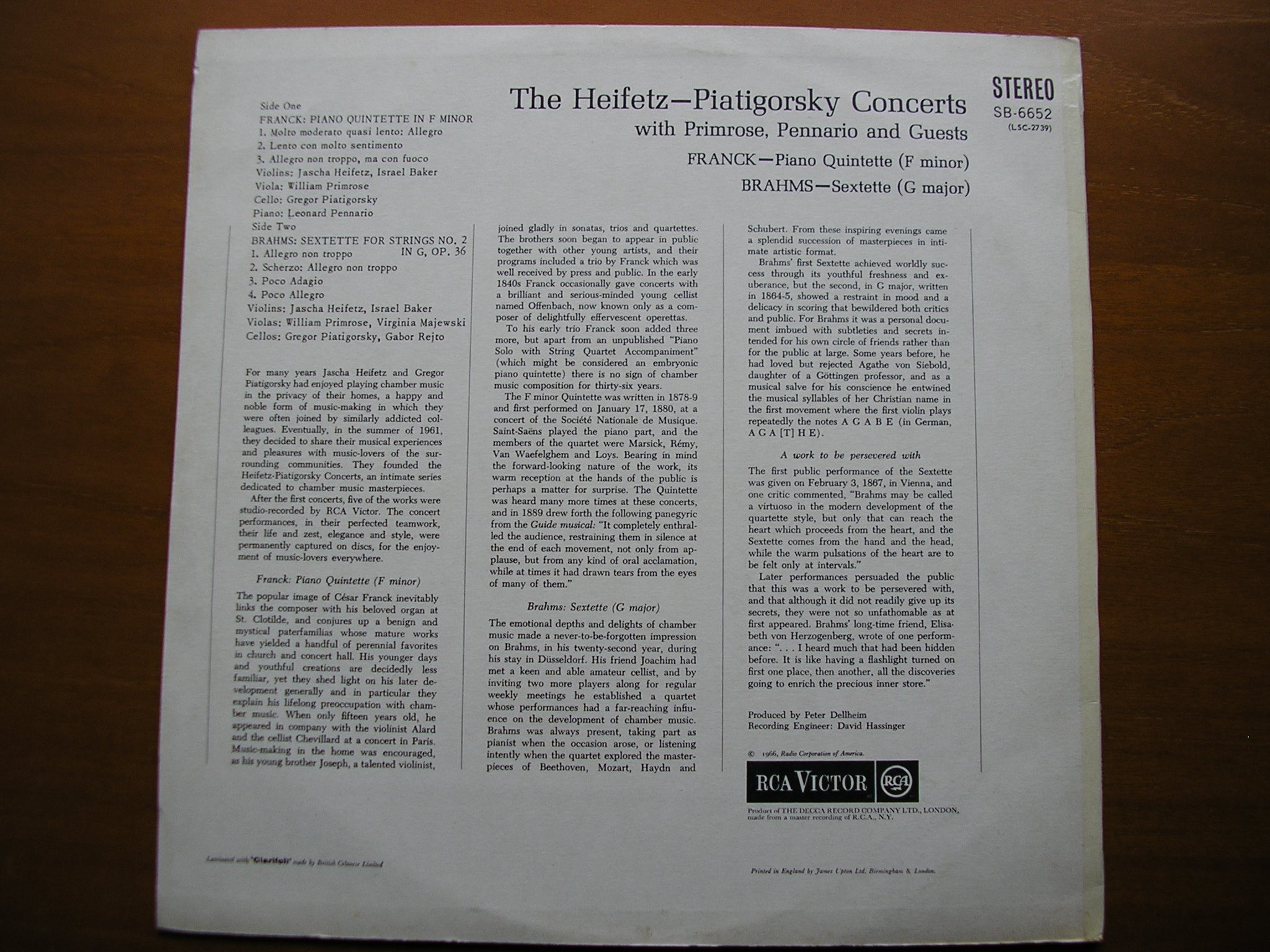 FRANCK: PIANO QUINTET / BRAHMS: SEXTETTE    HEIFETZ / PIATIGORSKY / PRIMROSE     SB 6652