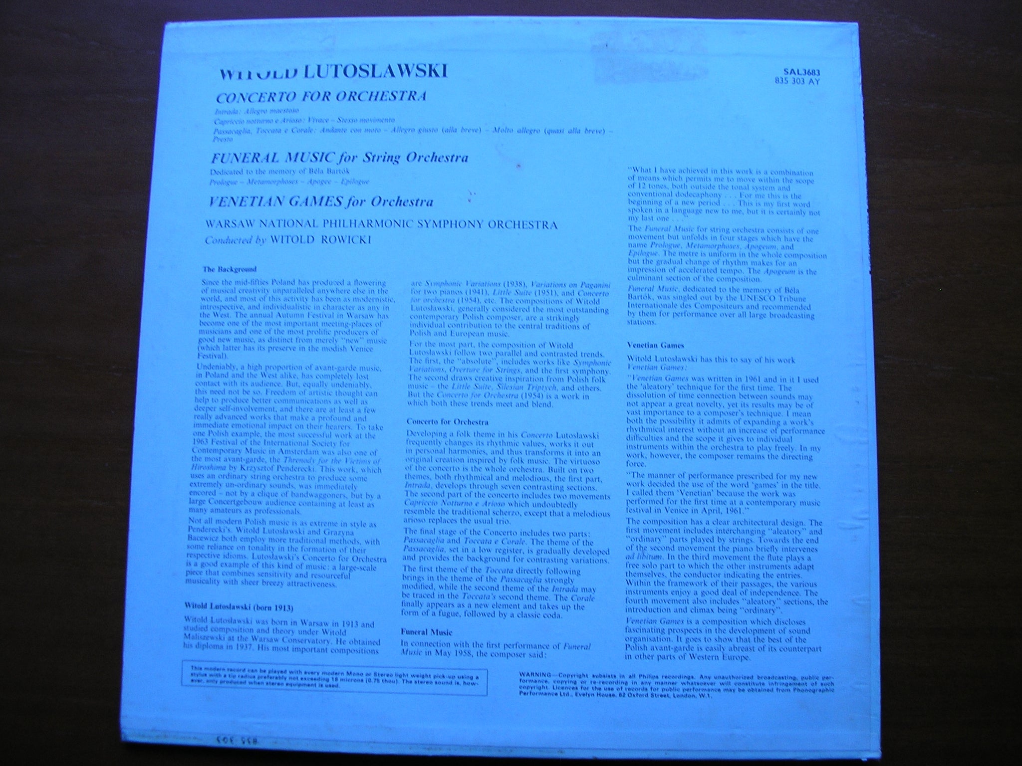LUTOSLAWSKI: CONCERTO FOR ORCHESTRA / FUNERAL MUSIC / VENETIAN GAMES    ROWICKI / WARSAW SYMPHONY    SAL 3683