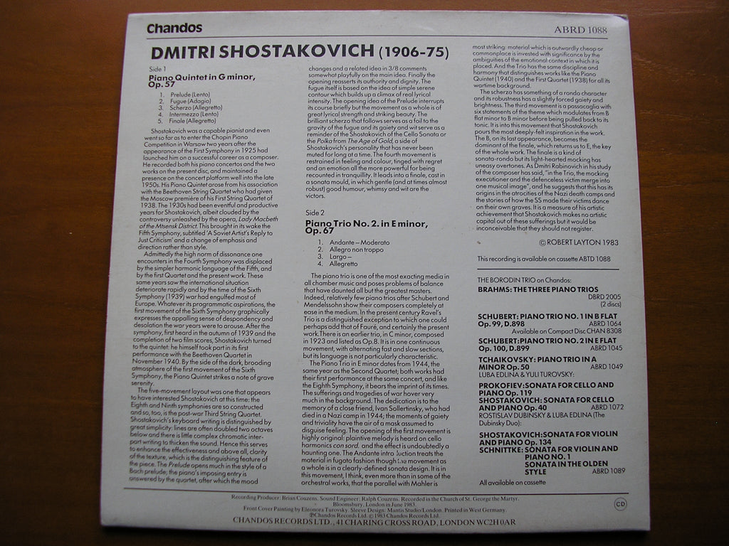 SHOSTAKOVICH: PIANO QUINTET in G / PIANO TRIO No. 2     ZWEIG / HORNER / THE BORODIN TRIO     ABRD 1088