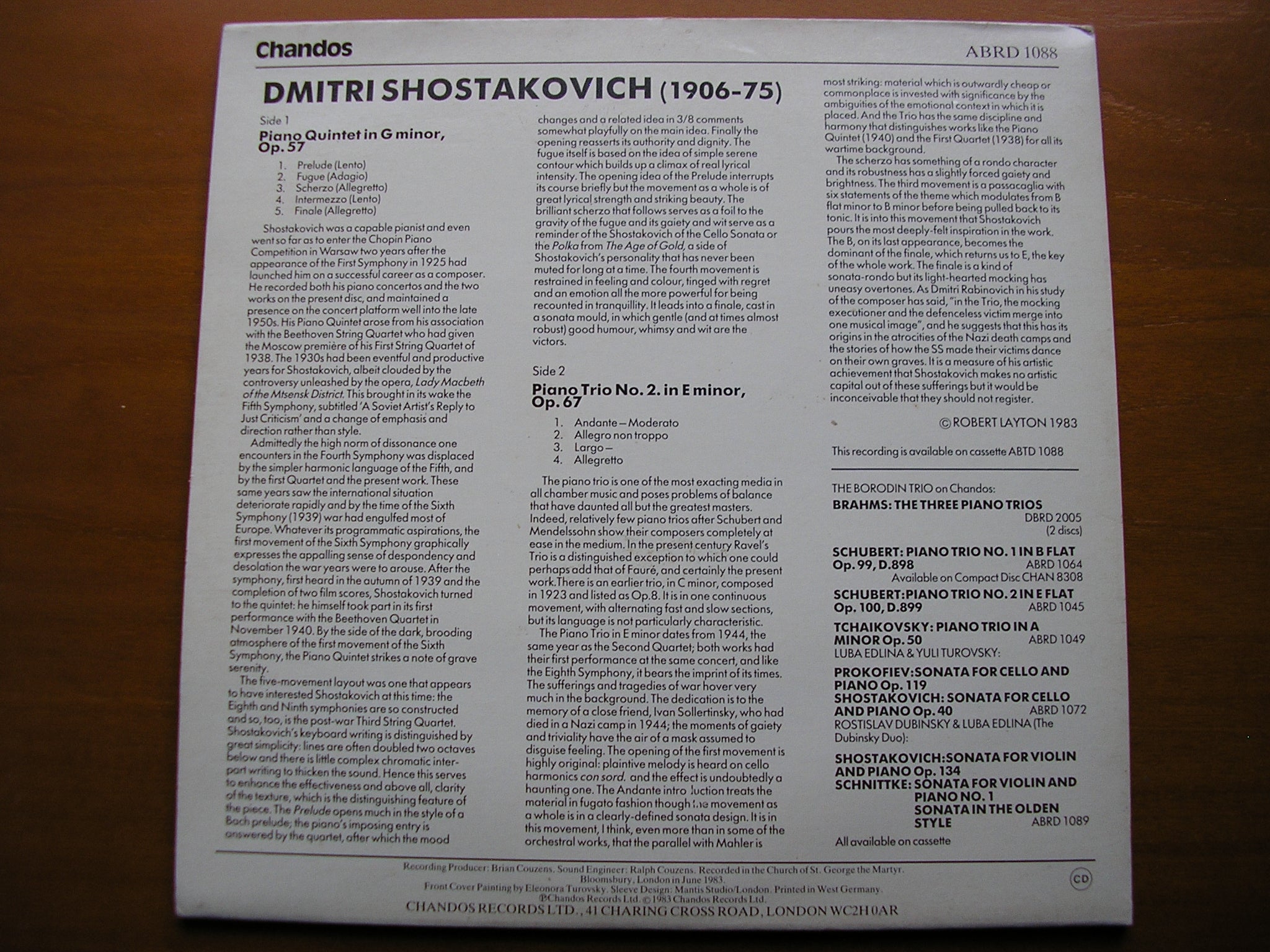 SHOSTAKOVICH: PIANO QUINTET in G / PIANO TRIO No. 2     ZWEIG / HORNER / THE BORODIN TRIO     ABRD 1088