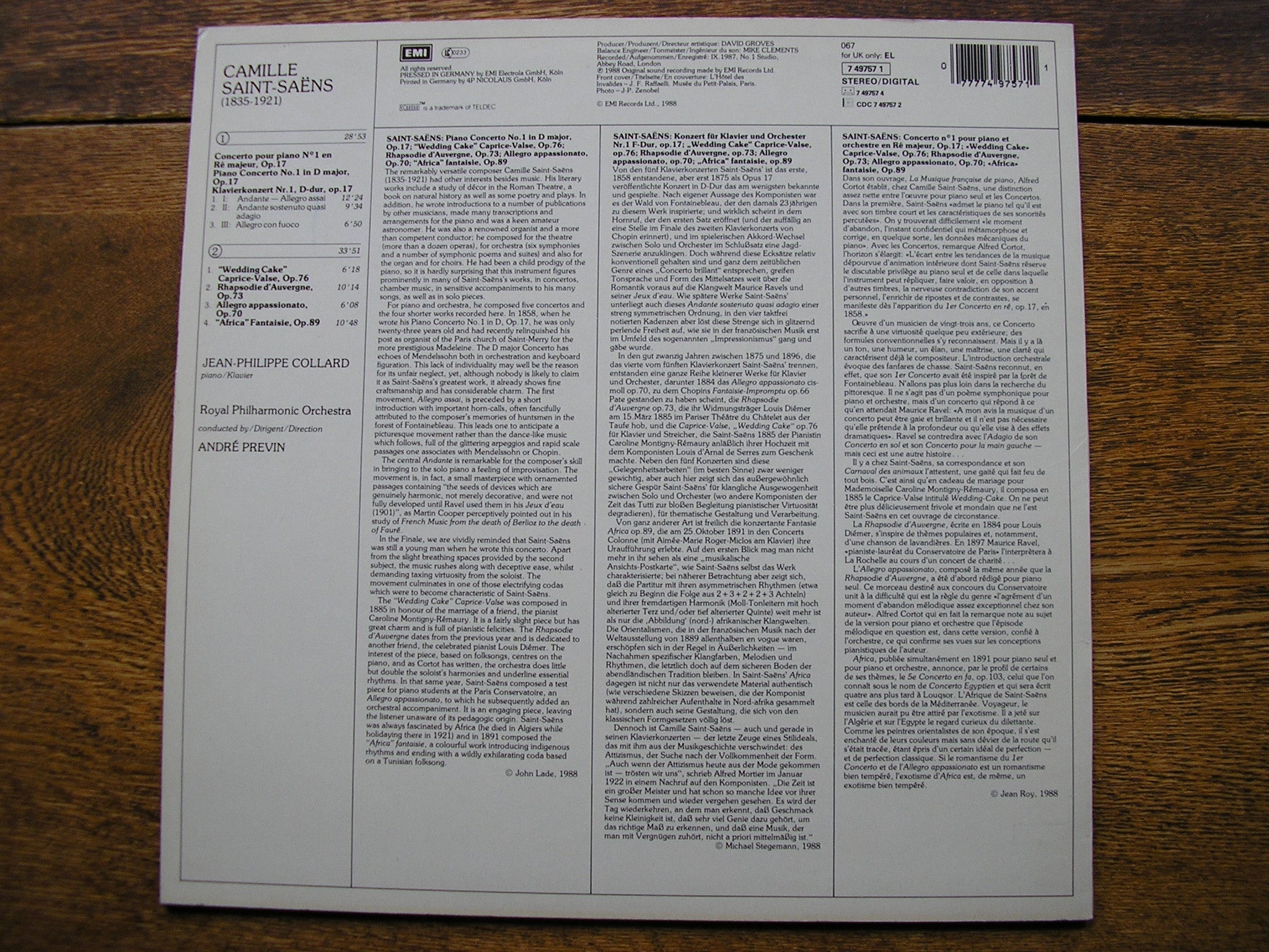 SAINT - SAENS: PIANO CONCERTO No. 1  COLLARD / ROYAL PHILHARMONIC / PREVIN  749757