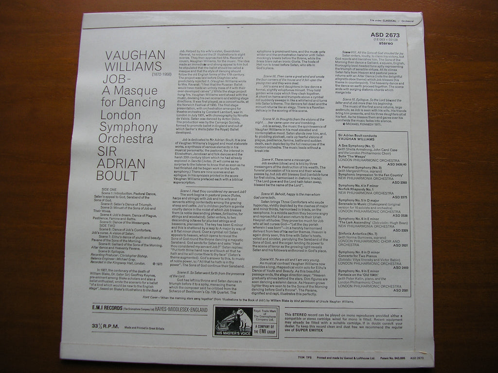 VAUGHAN WILLIAMS: JOB - A Masque for Dancing      BOULT / LONDON SYMPHONY   ASD 2573