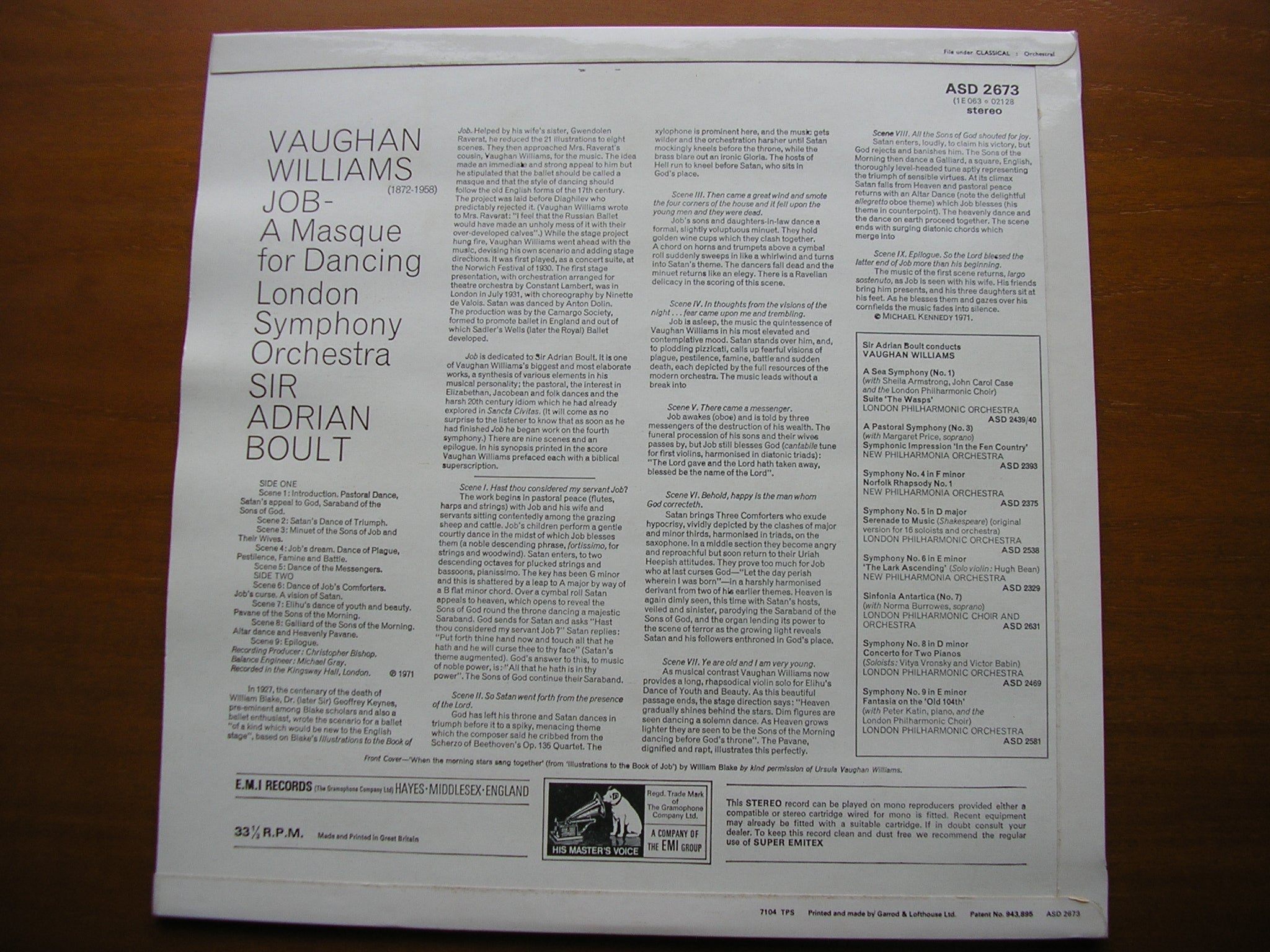 VAUGHAN WILLIAMS: JOB - A Masque for Dancing      BOULT / LONDON SYMPHONY   ASD 2573