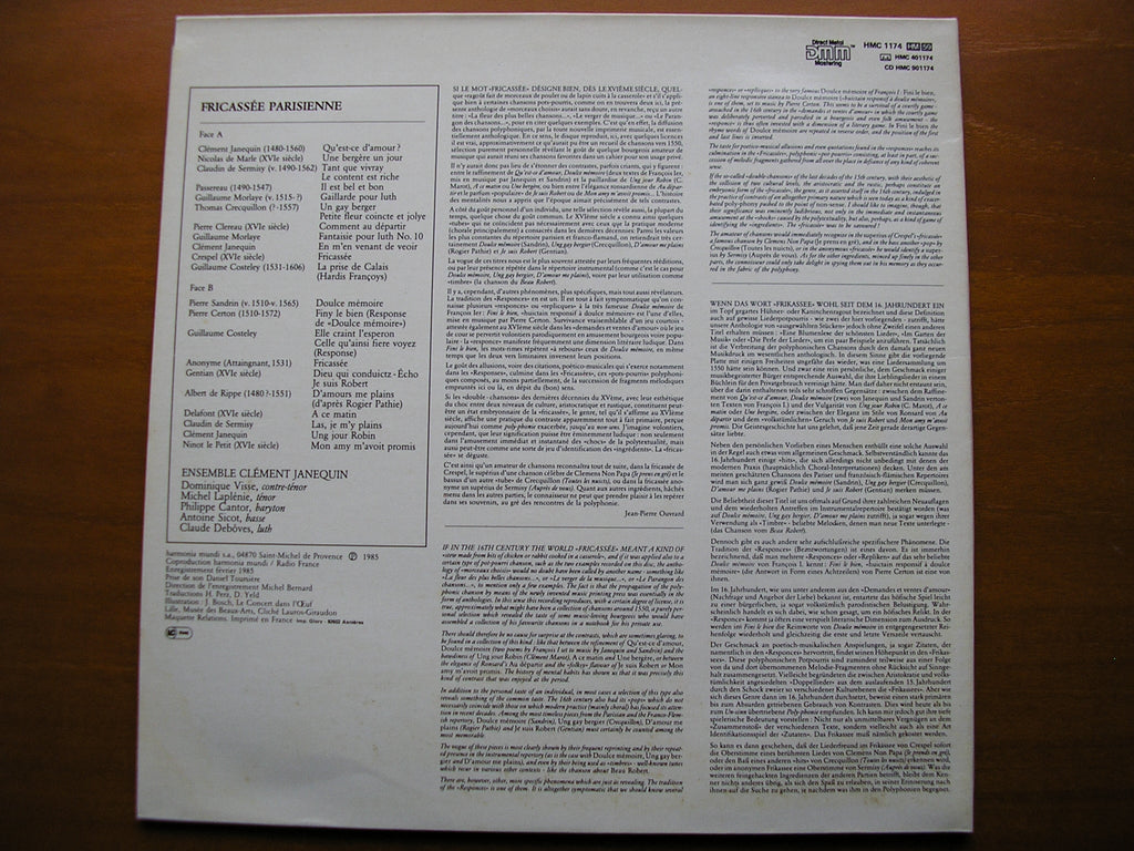 FRICASSEE PARISIENNE:  FRENCH SONGS OF THE RENAISSANCE      ENSEMBLE CLEMENT JANNEQUIN     HMC 1174