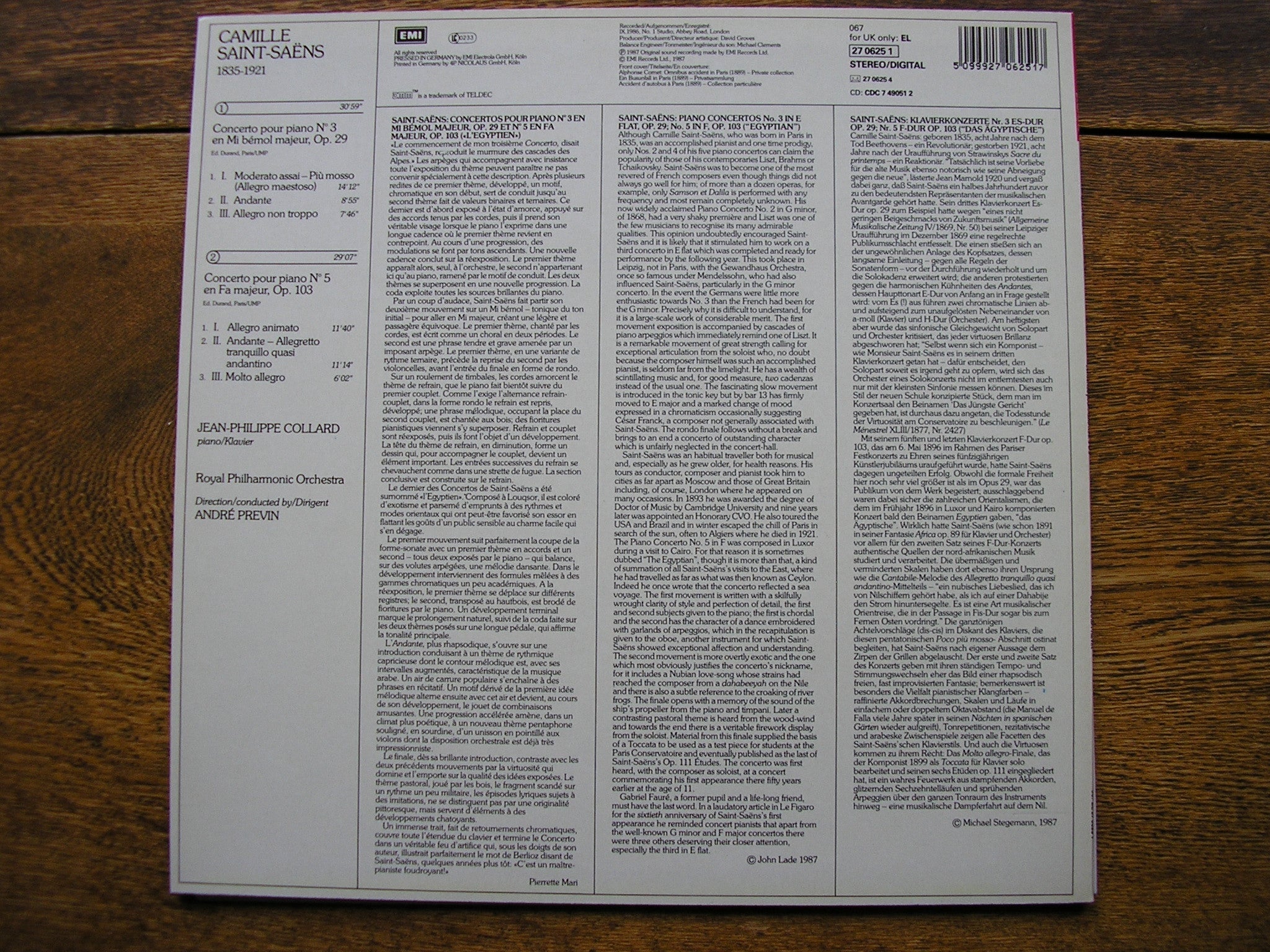 SAINT - SAENS: PIANO CONCERTOS Nos. 3 & 5   COLLARD / ROYAL PHILHARMONIC / PREVIN   270625