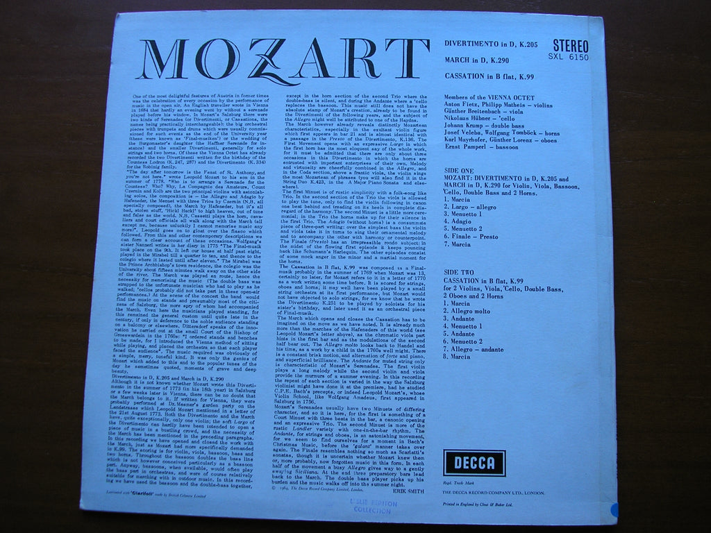 SXL 6150 MOZART: DIVERTIMENTO K205 / CASSATION K99 / MARCH K290   VIENNA OCTET
