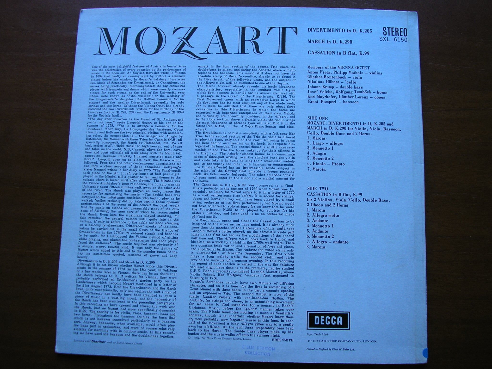 SXL 6150 MOZART: DIVERTIMENTO K205 / CASSATION K99 / MARCH K290   VIENNA OCTET