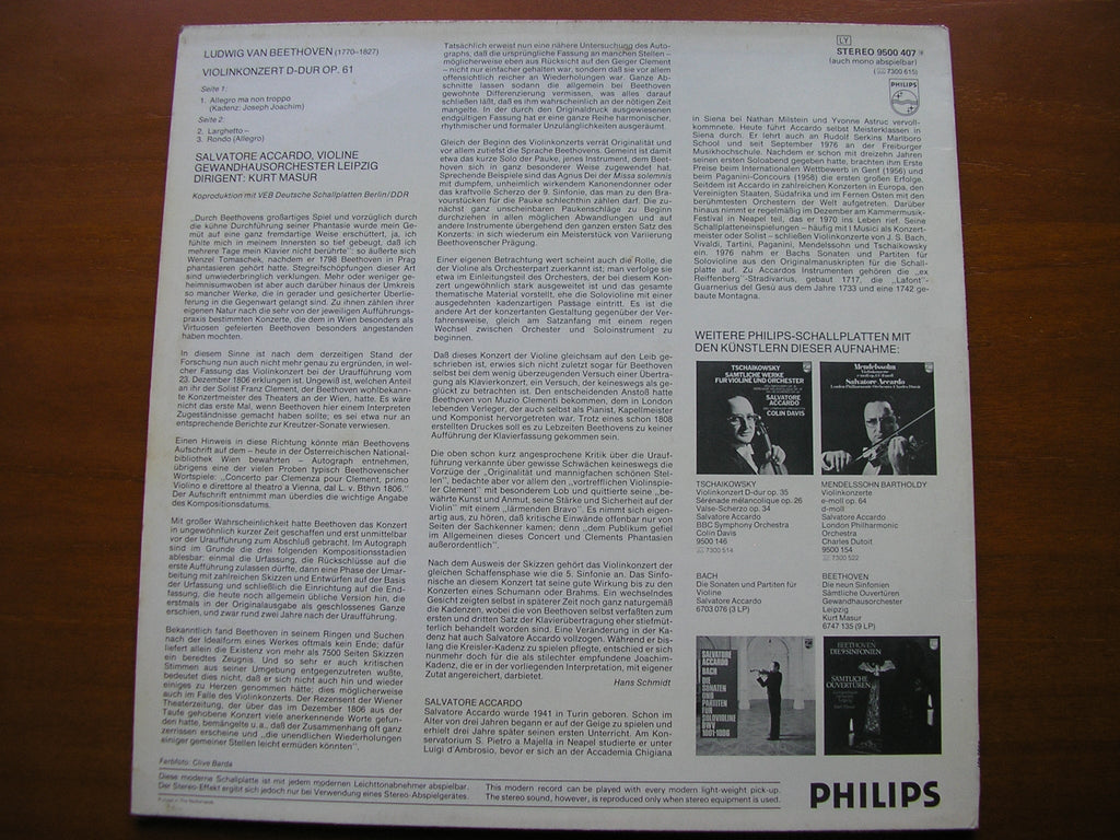 BEETHOVEN: VIOLIN CONCERTO     ACCARDO / LEIPZIG GEWANDHAUS / MASUR      9500 407
