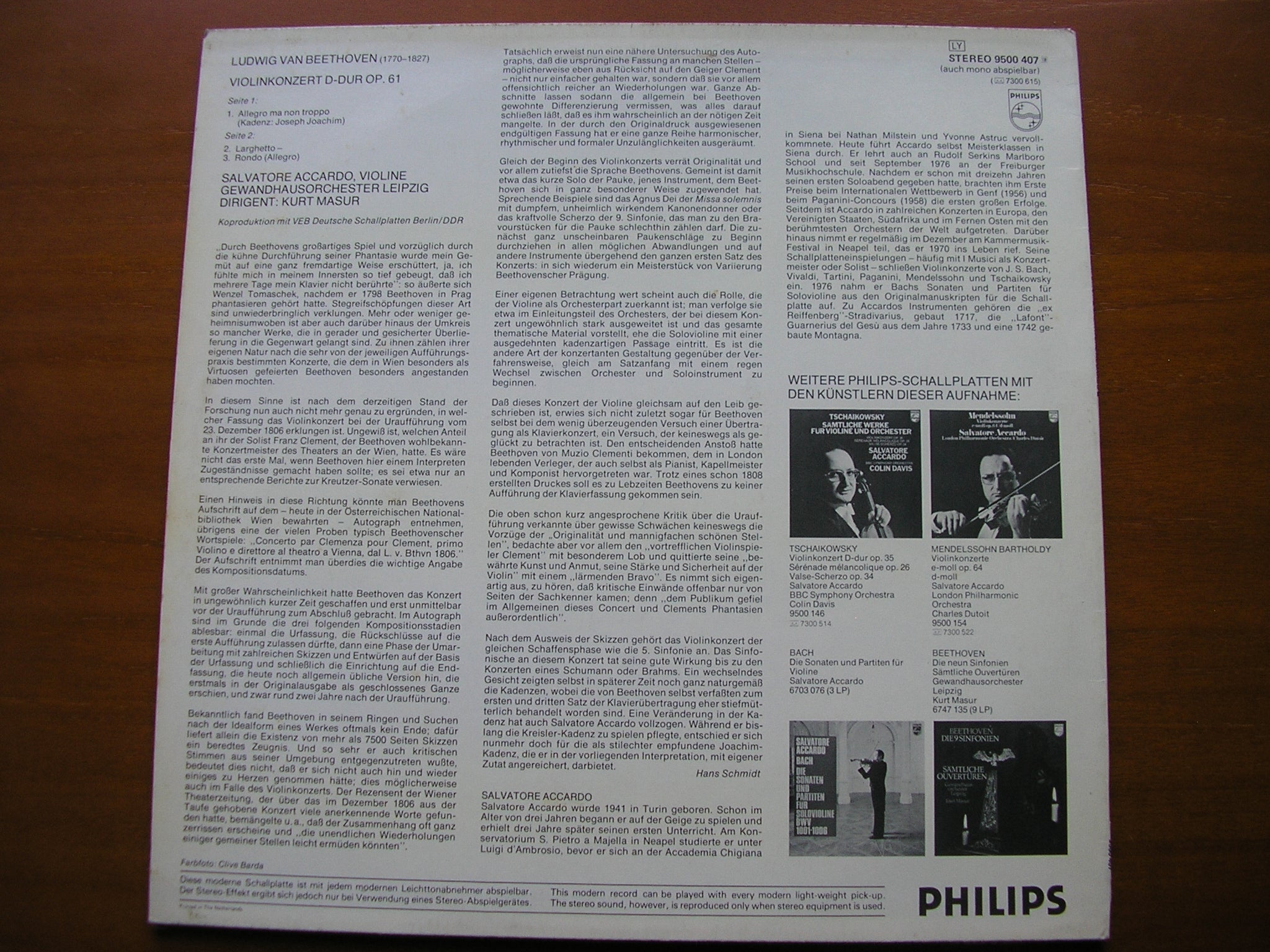 BEETHOVEN: VIOLIN CONCERTO     ACCARDO / LEIPZIG GEWANDHAUS / MASUR      9500 407