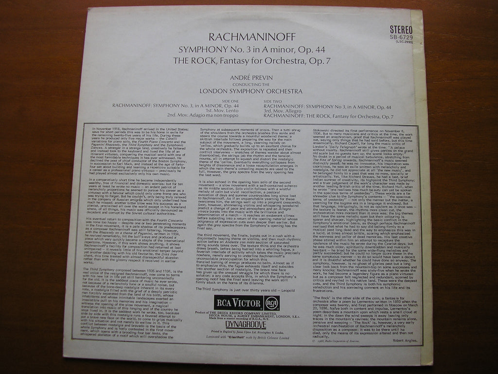 RACHMANINOV: SYMPHONY No. 3 / THE ROCK    PREVIN / LONDON SYMPHONY ORCHESTRA    SB 6729