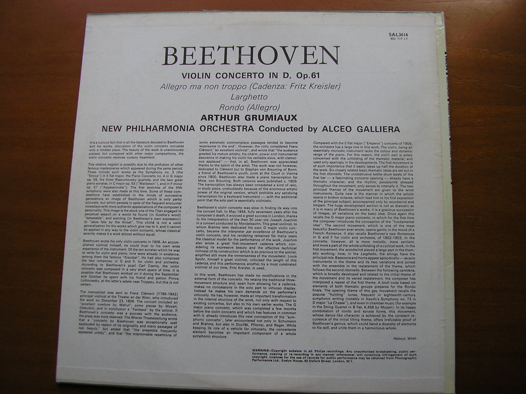 BEETHOVEN: VIOLIN CONCERTO    GRUMIAUX / NEW PHILHARMONIA / GALLIERA    SAL 3616