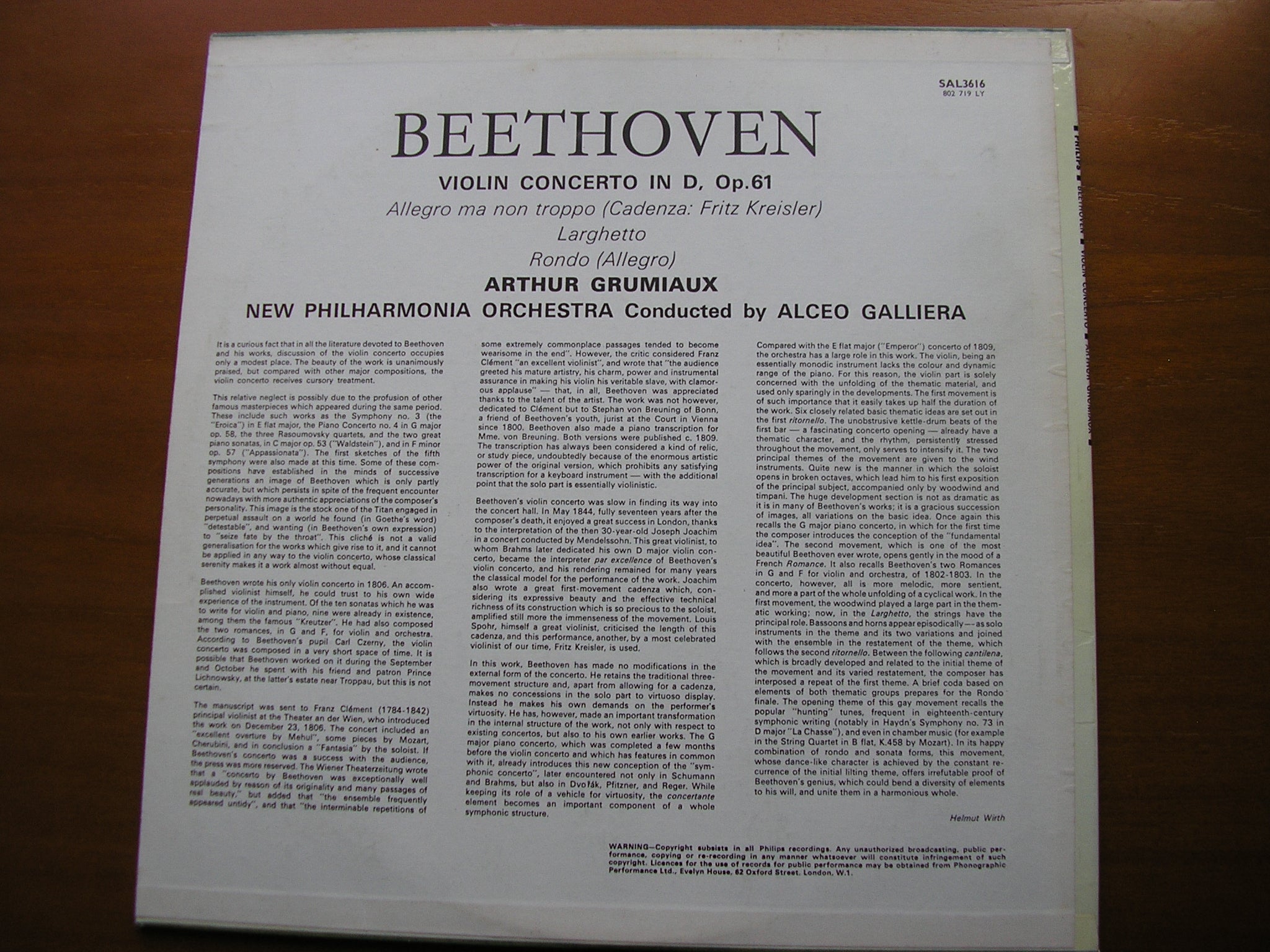 BEETHOVEN: VIOLIN CONCERTO    GRUMIAUX / NEW PHILHARMONIA / GALLIERA    SAL 3616